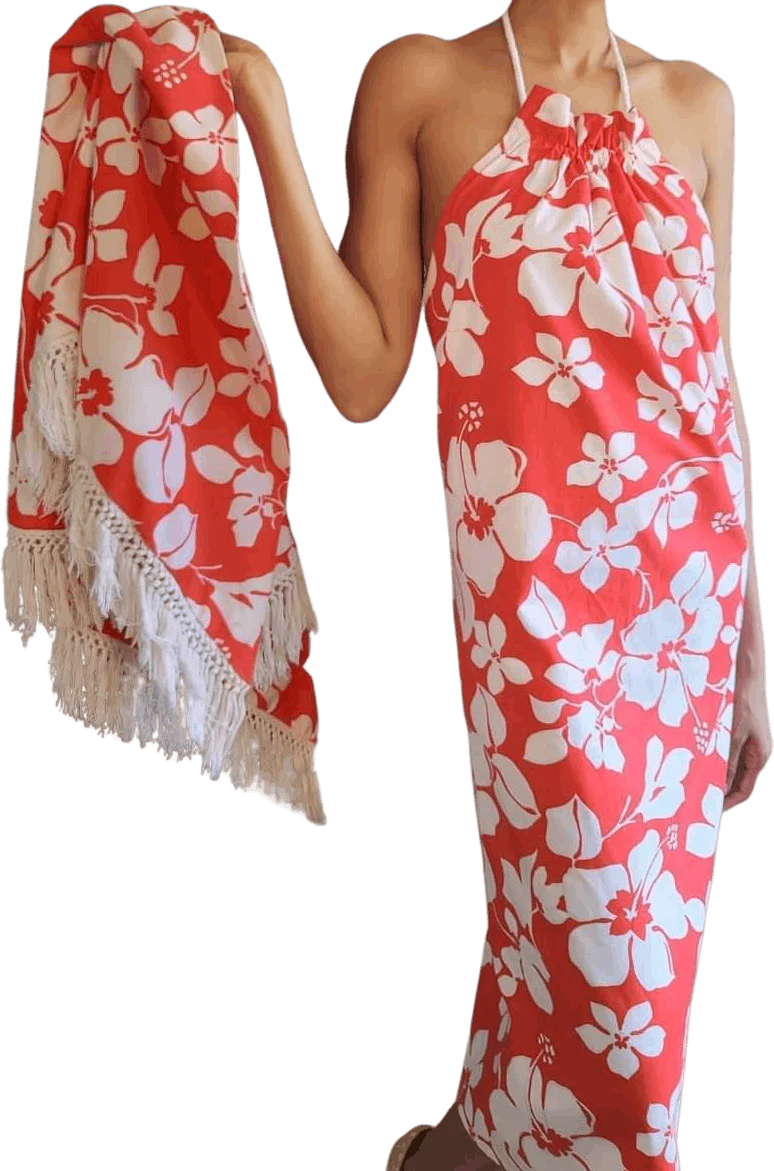 70s Custom Tropical Halter Dress And Fringe Wrap