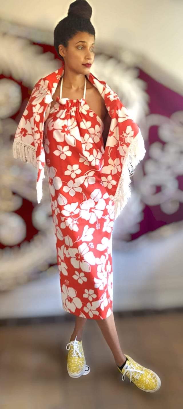 70s Custom Tropical Halter Dress And Fringe Wrap - Image 4