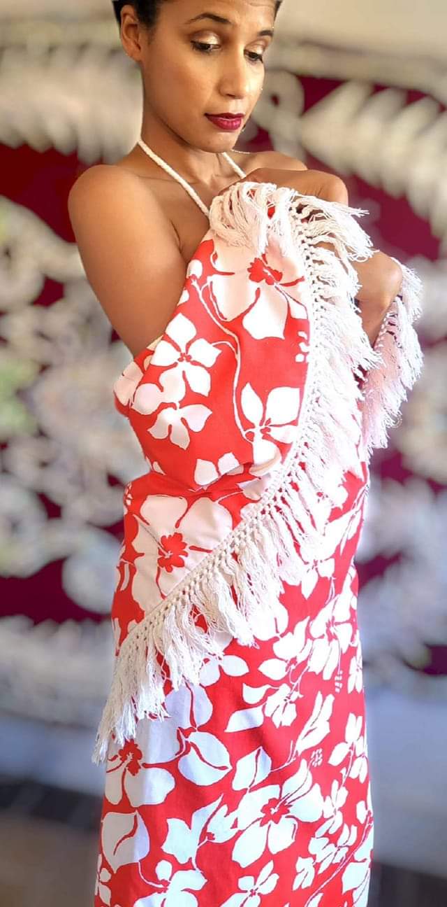 70s Custom Tropical Halter Dress And Fringe Wrap - Image 6