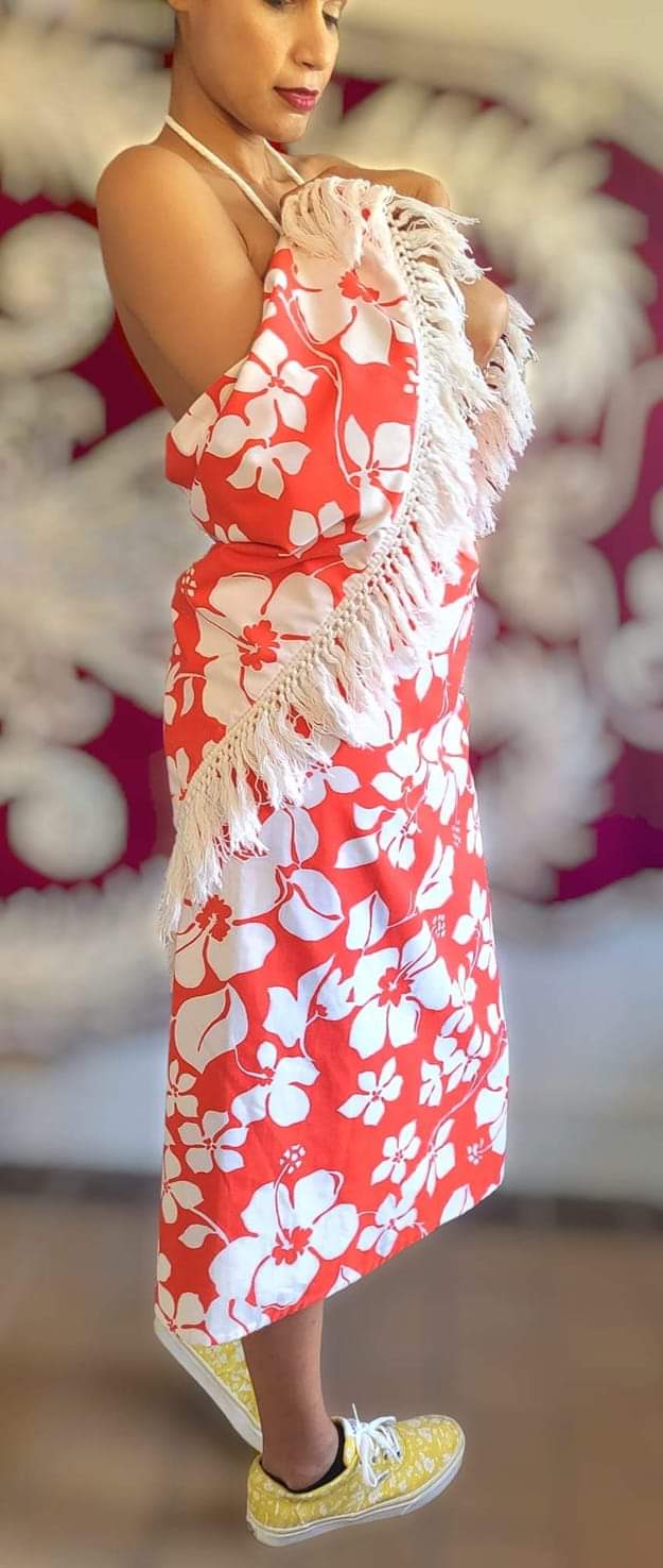 70s Custom Tropical Halter Dress And Fringe Wrap - Image 7