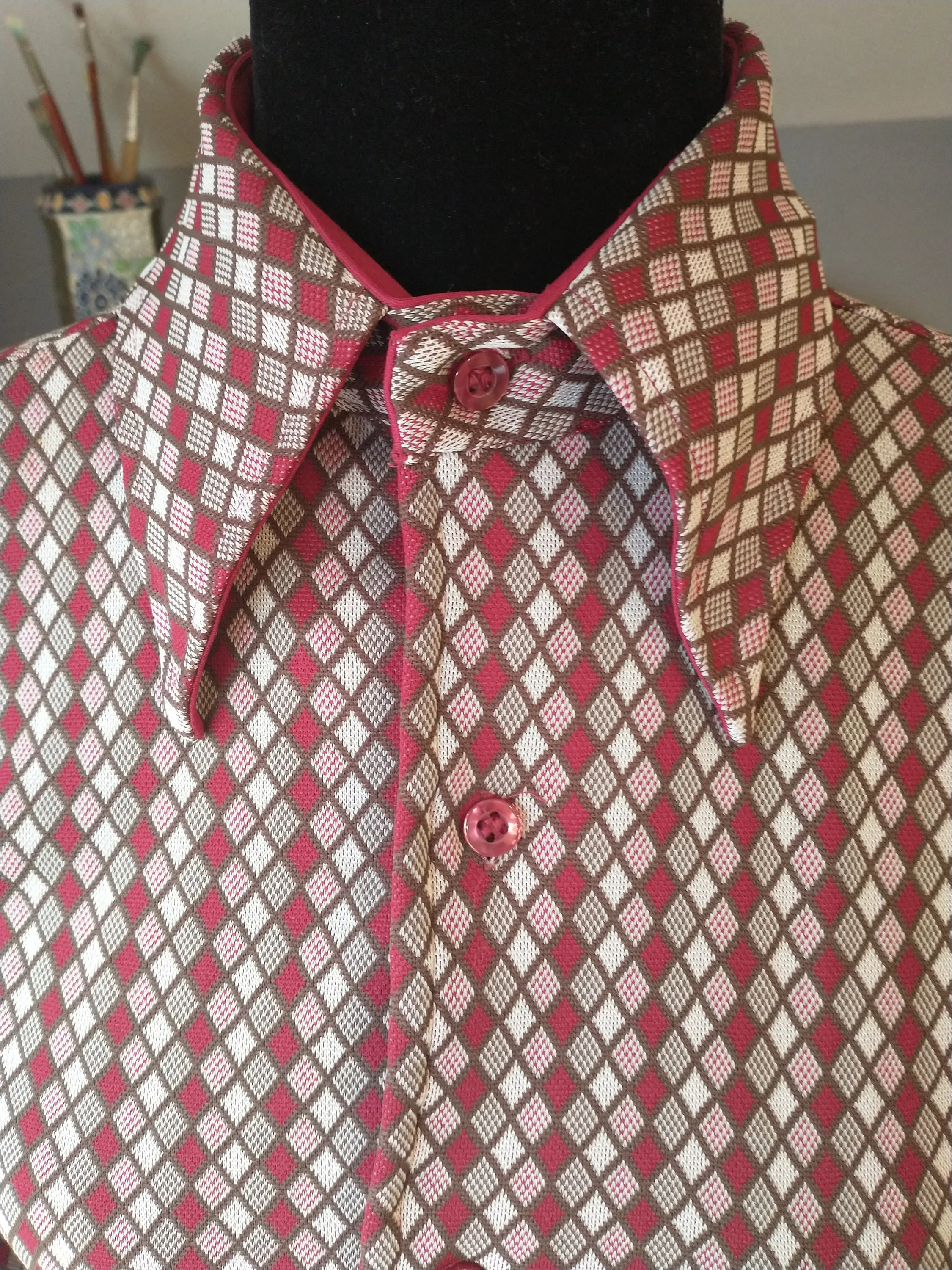 70s Dagger Collar Retro Maroon Disco Shirt Women's Small Men's Extra Small Polyester by Joel California - Image 3