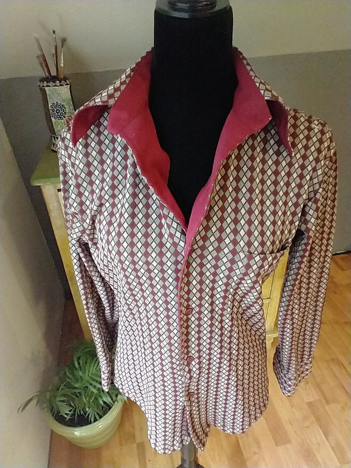 70s Dagger Collar Retro Maroon Disco Shirt Women's Small Men's Extra Small Polyester by Joel California - Image 4