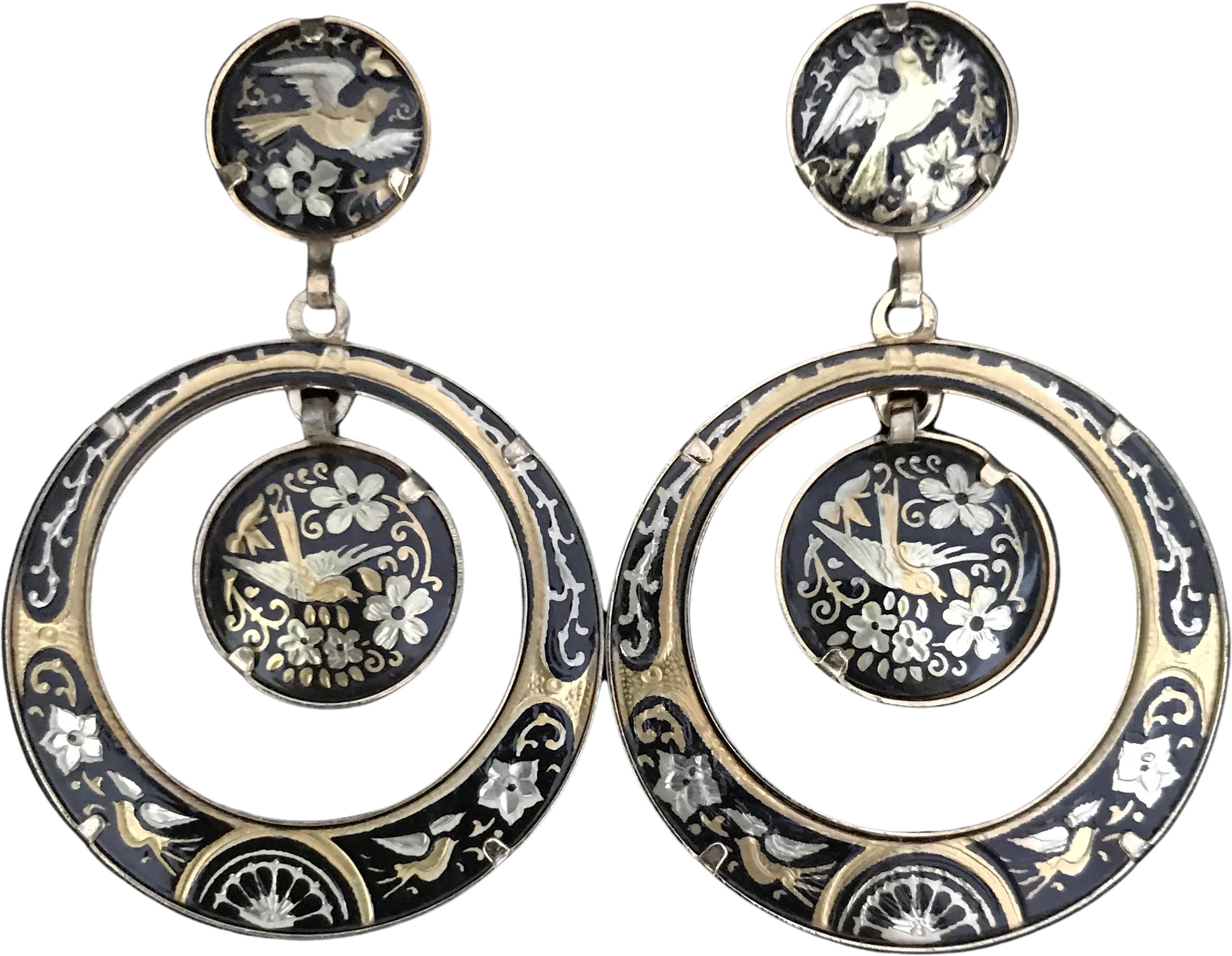70s Damascene Drop Hoop Bird Earrings Dove Earrings