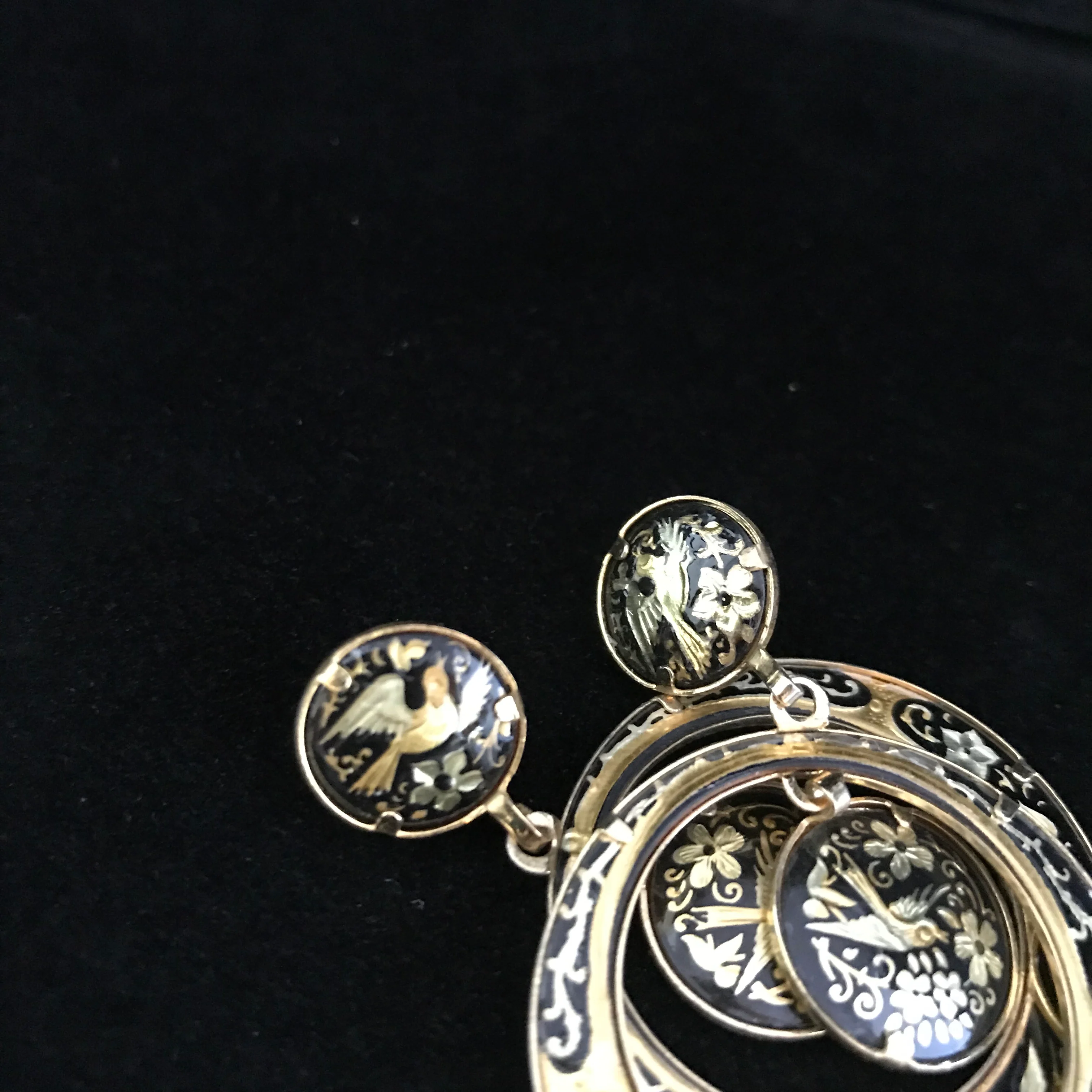 70s Damascene Drop Hoop Bird Earrings Dove Earrings - Image 6