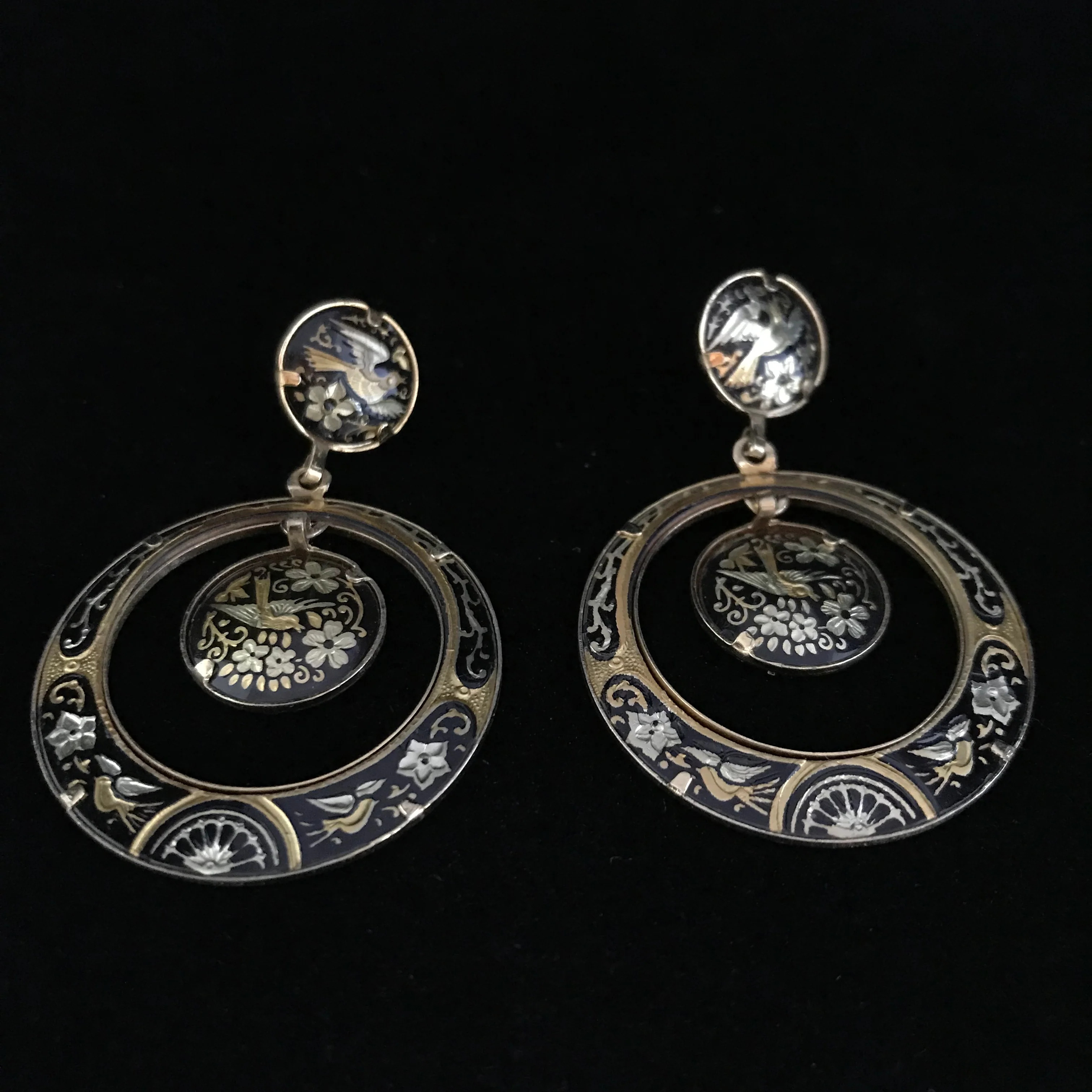 70s Damascene Drop Hoop Bird Earrings Dove Earrings - Image 7