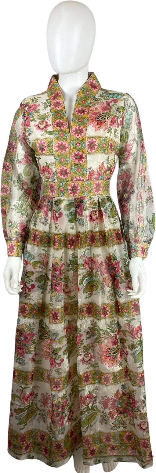 70s Dark Floral Flocked Bishop Sleeve Maxi Dress By Avalon Classics