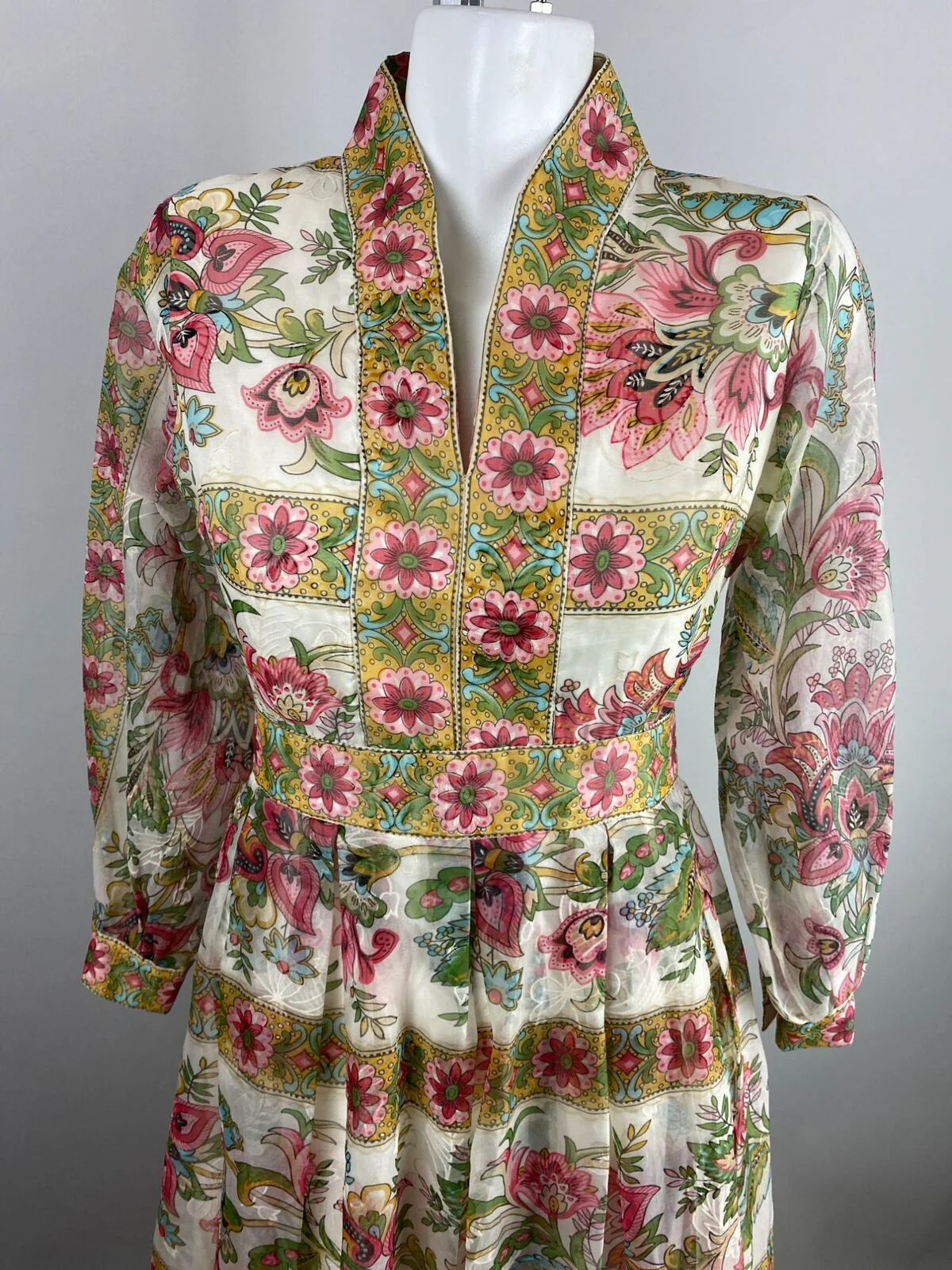 70s Dark Floral Flocked Bishop Sleeve Maxi Dress By Avalon Classics - Image 9