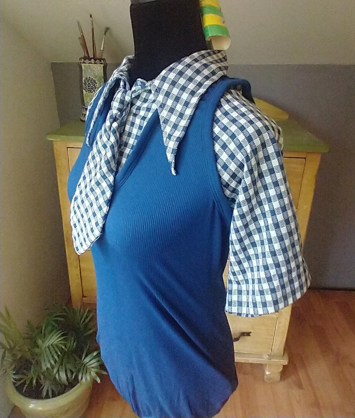 70s Deadstock Blue Retro Bodysuit Dagger Collar Tie Removable Women's Small To Medium by Radlee - Image 3