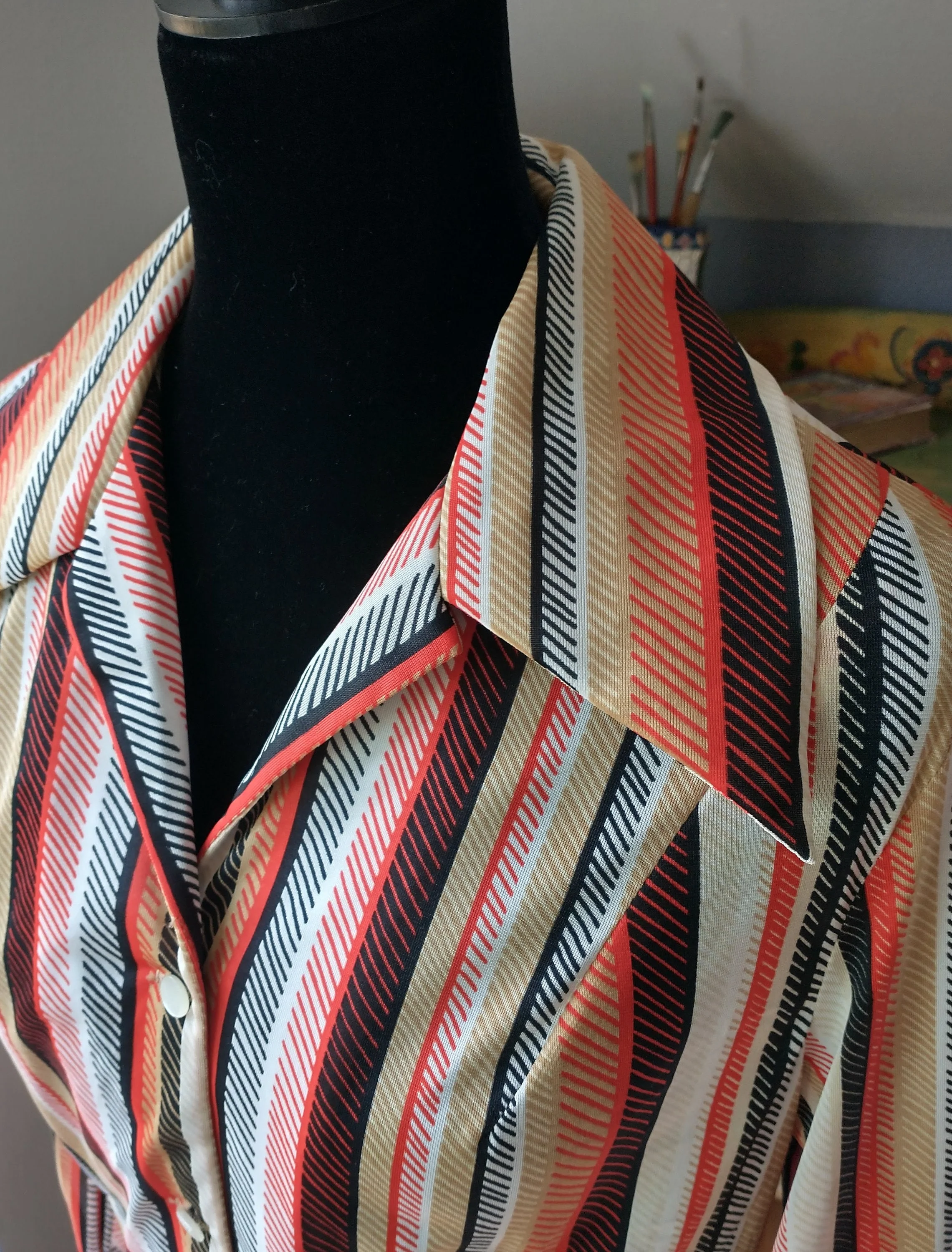 70s Deadstock Retro Striped Disco Blouse Women's Small To Medium Huge Dagger Collar by Jeunique - Image 4