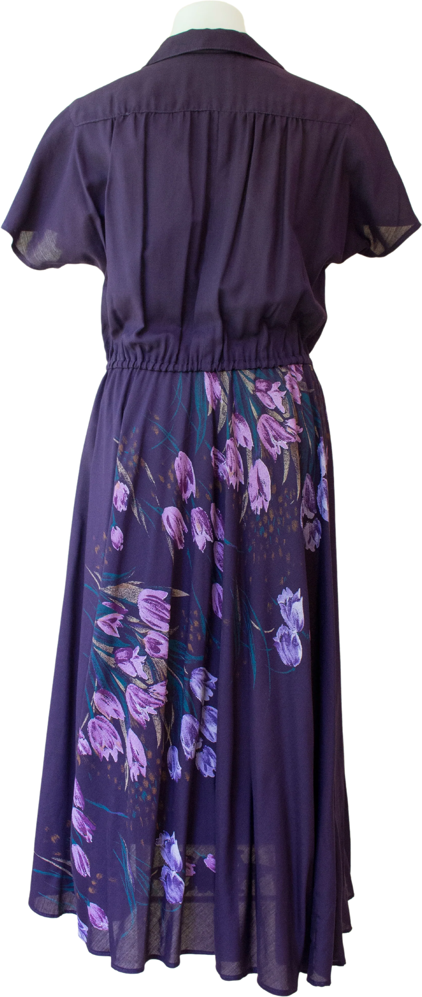 70s Deep Purple Floral Short Sleeve Shirt Dress - Image 2