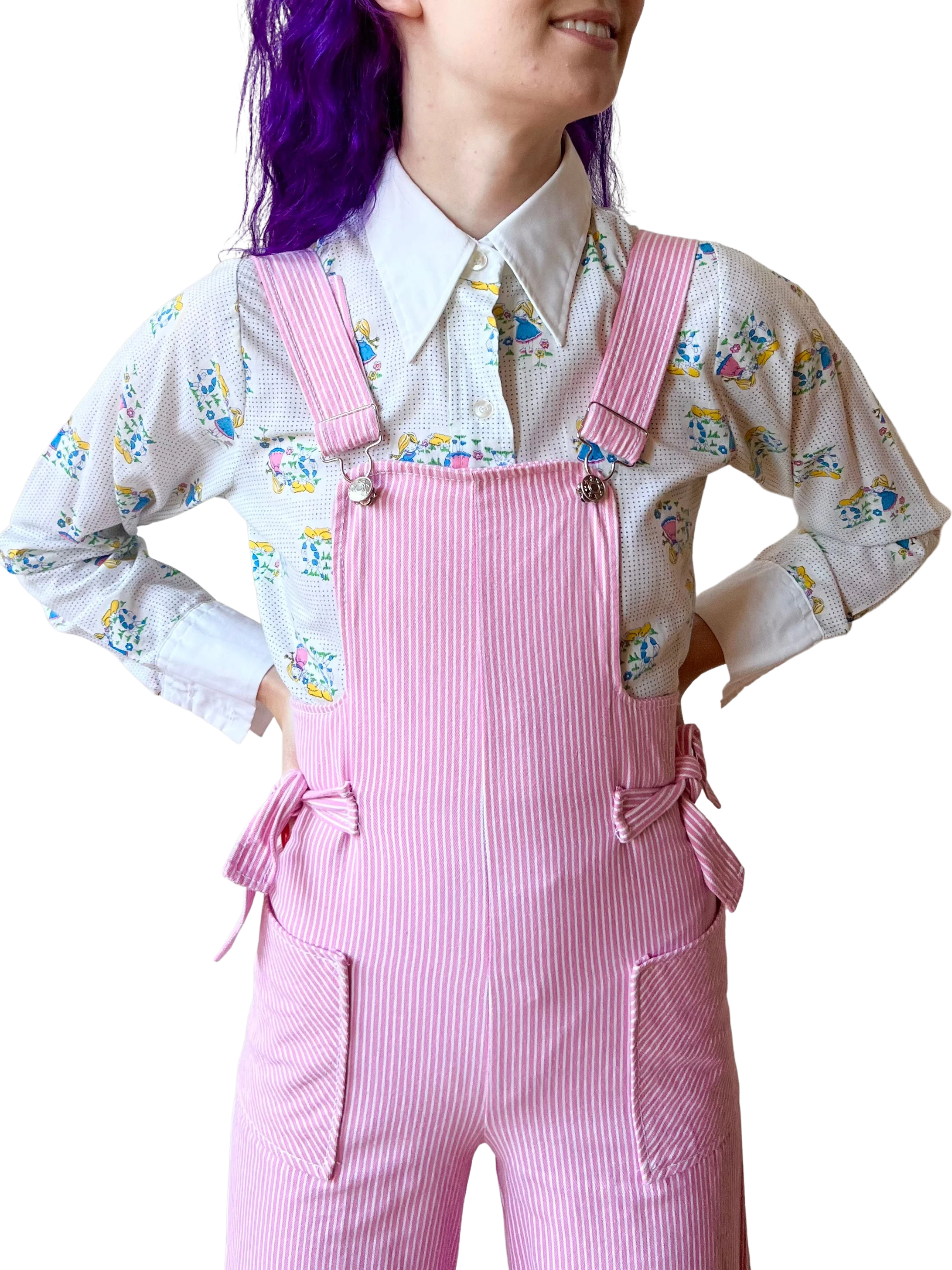 70s Denim Fabric Handmade Pink Pinstripe Wide Leg Overalls