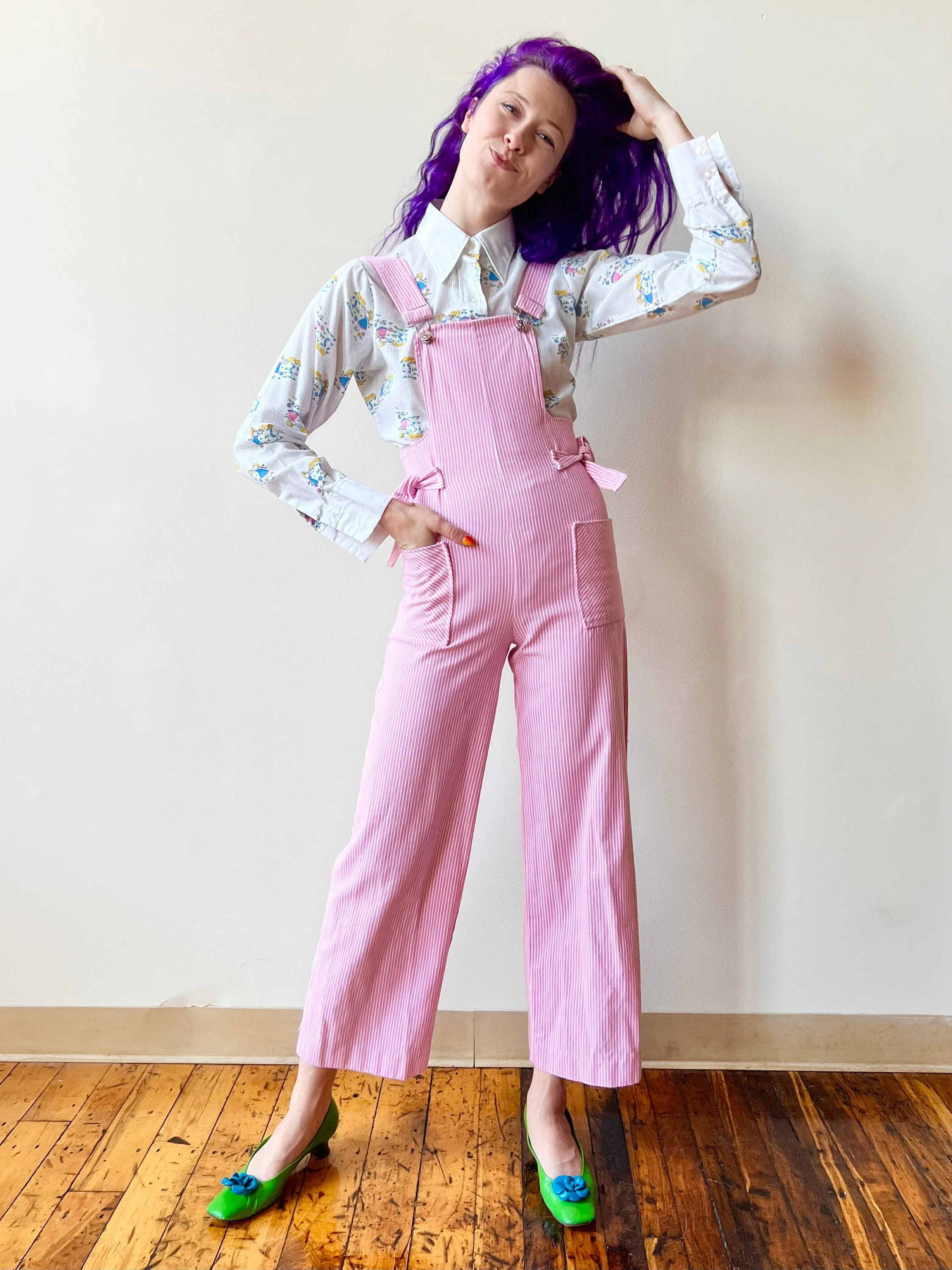 70s Denim Fabric Handmade Pink Pinstripe Wide Leg Overalls - Image 3