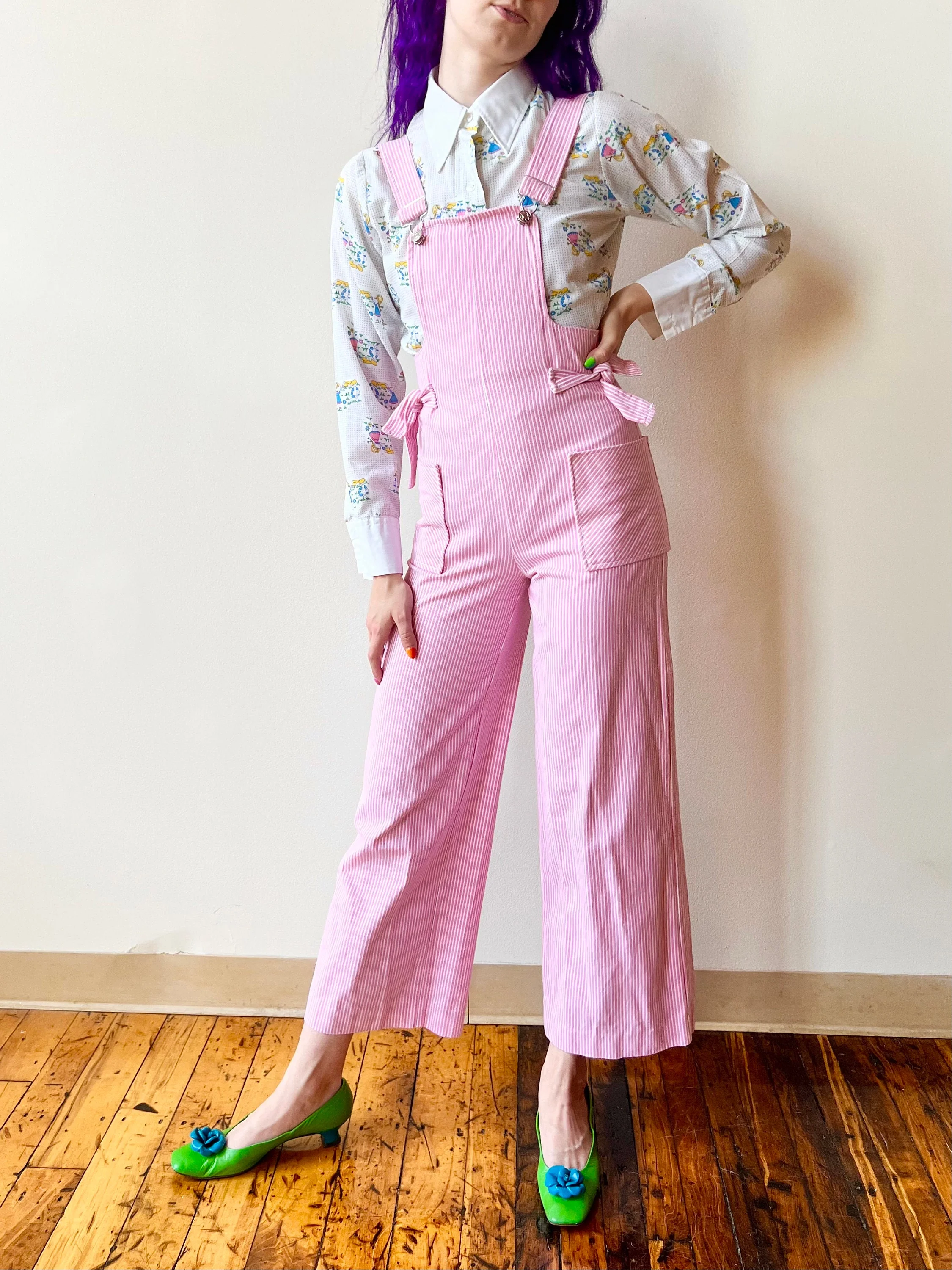 70s Denim Fabric Handmade Pink Pinstripe Wide Leg Overalls - Image 6