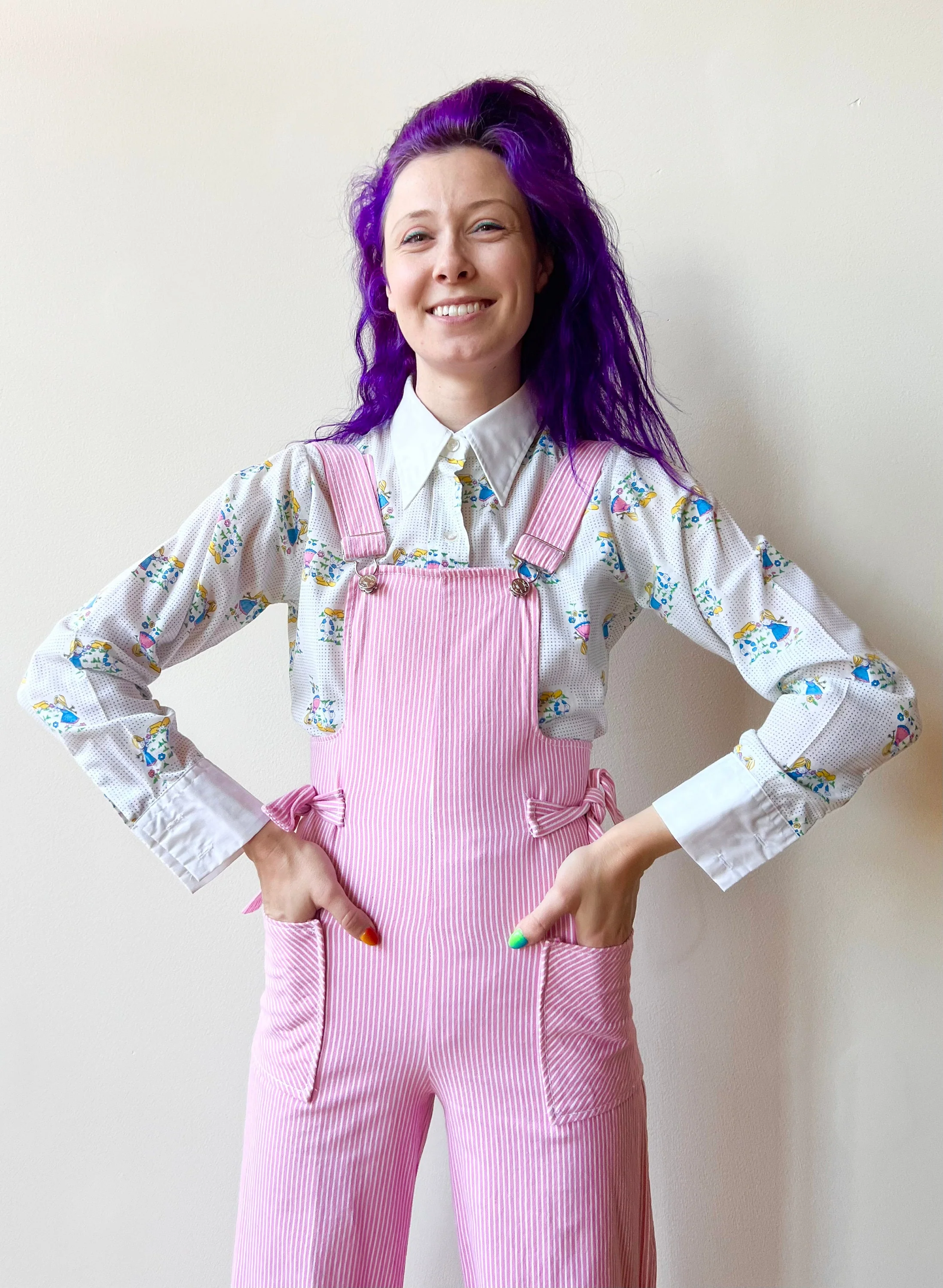 70s Denim Fabric Handmade Pink Pinstripe Wide Leg Overalls - Image 7
