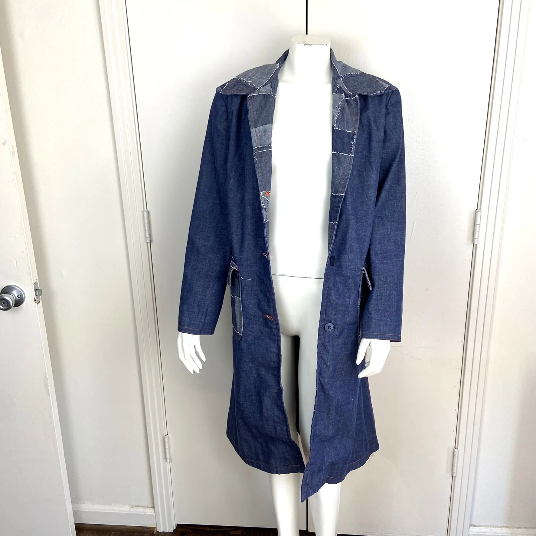 70s Denim Jean Trench Midi Coat - Image 3