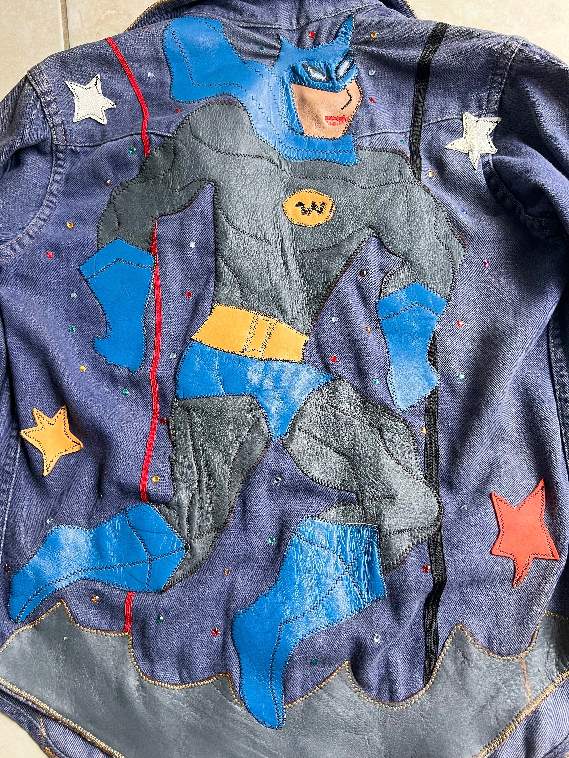 70s Denim Leather Patchwork Batman Robin Pearl Snap Shirt Jacket Rhinestone Handmade - Image 3