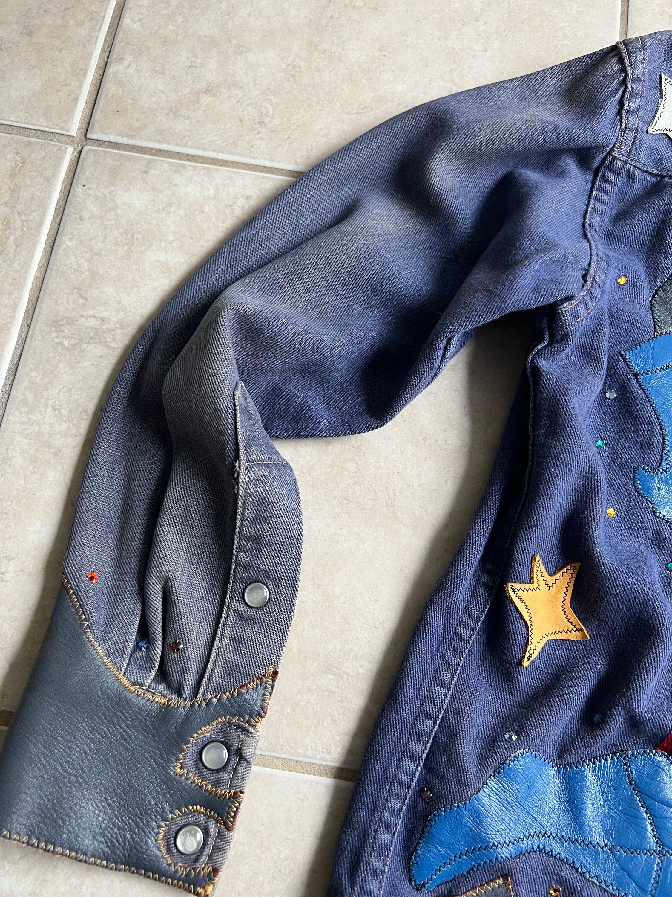 70s Denim Leather Patchwork Batman Robin Pearl Snap Shirt Jacket Rhinestone Handmade - Image 4