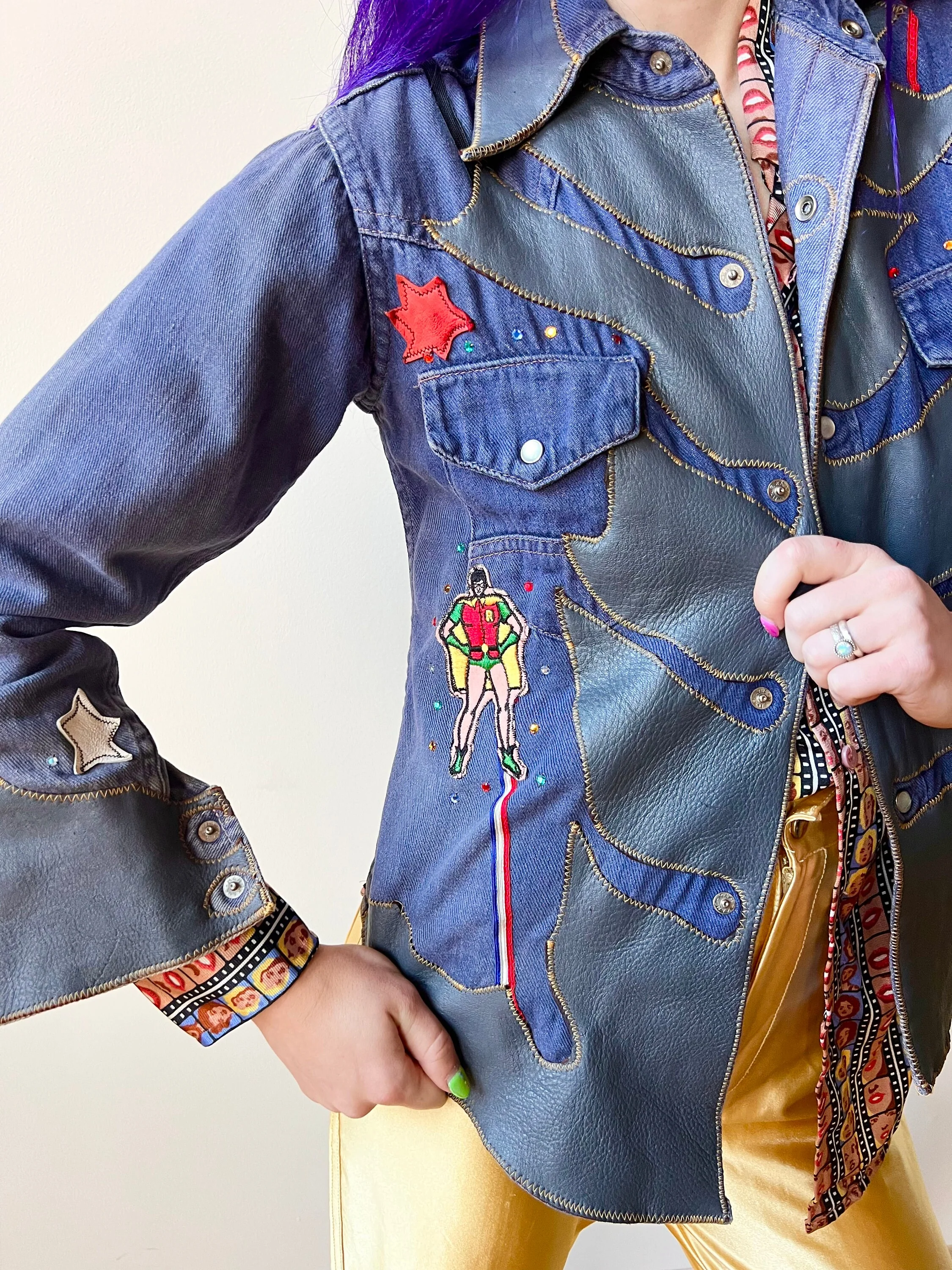 70s Denim Leather Patchwork Batman Robin Pearl Snap Shirt Jacket Rhinestone Handmade - Image 5