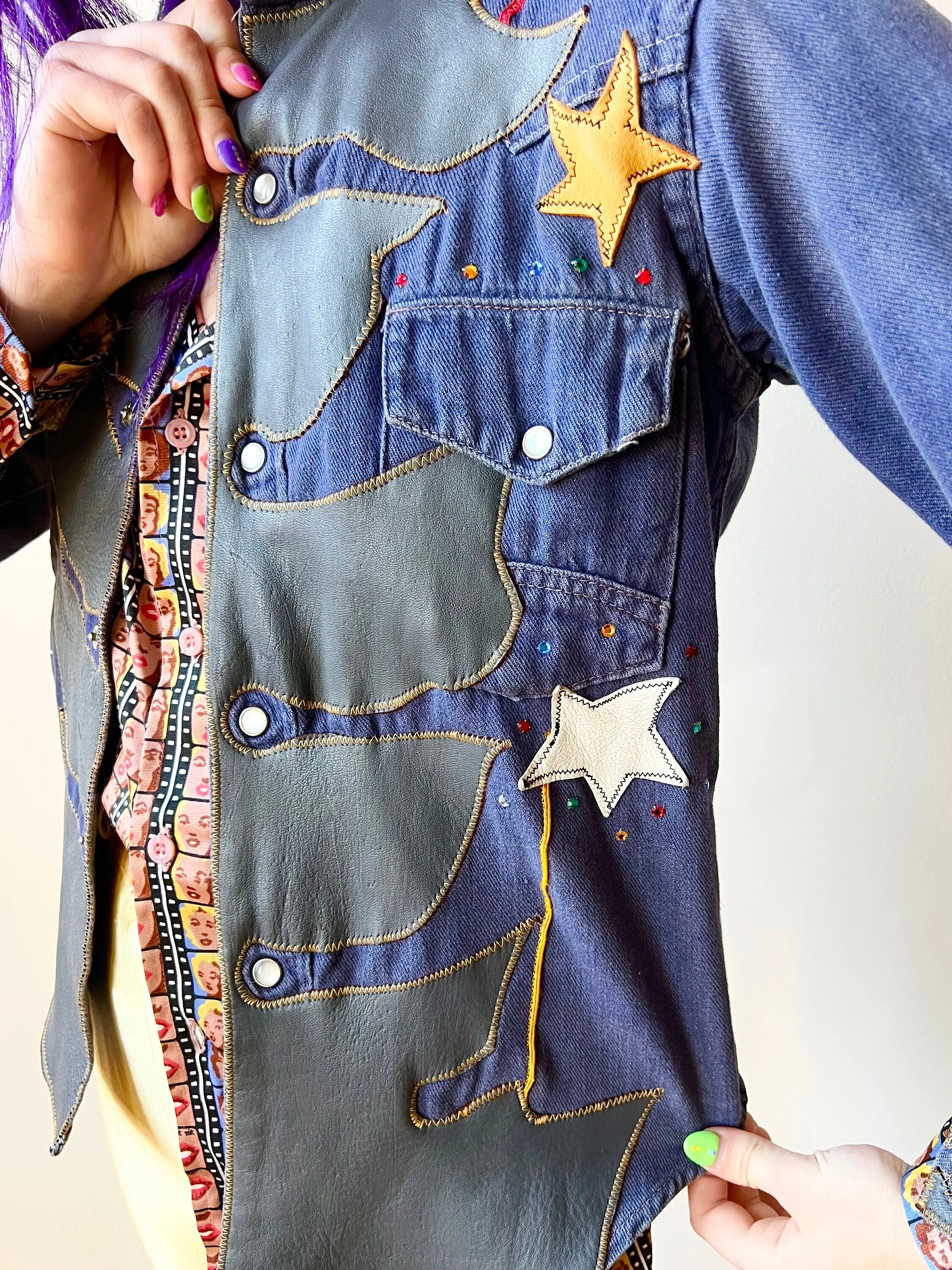 70s Denim Leather Patchwork Batman Robin Pearl Snap Shirt Jacket Rhinestone Handmade - Image 7