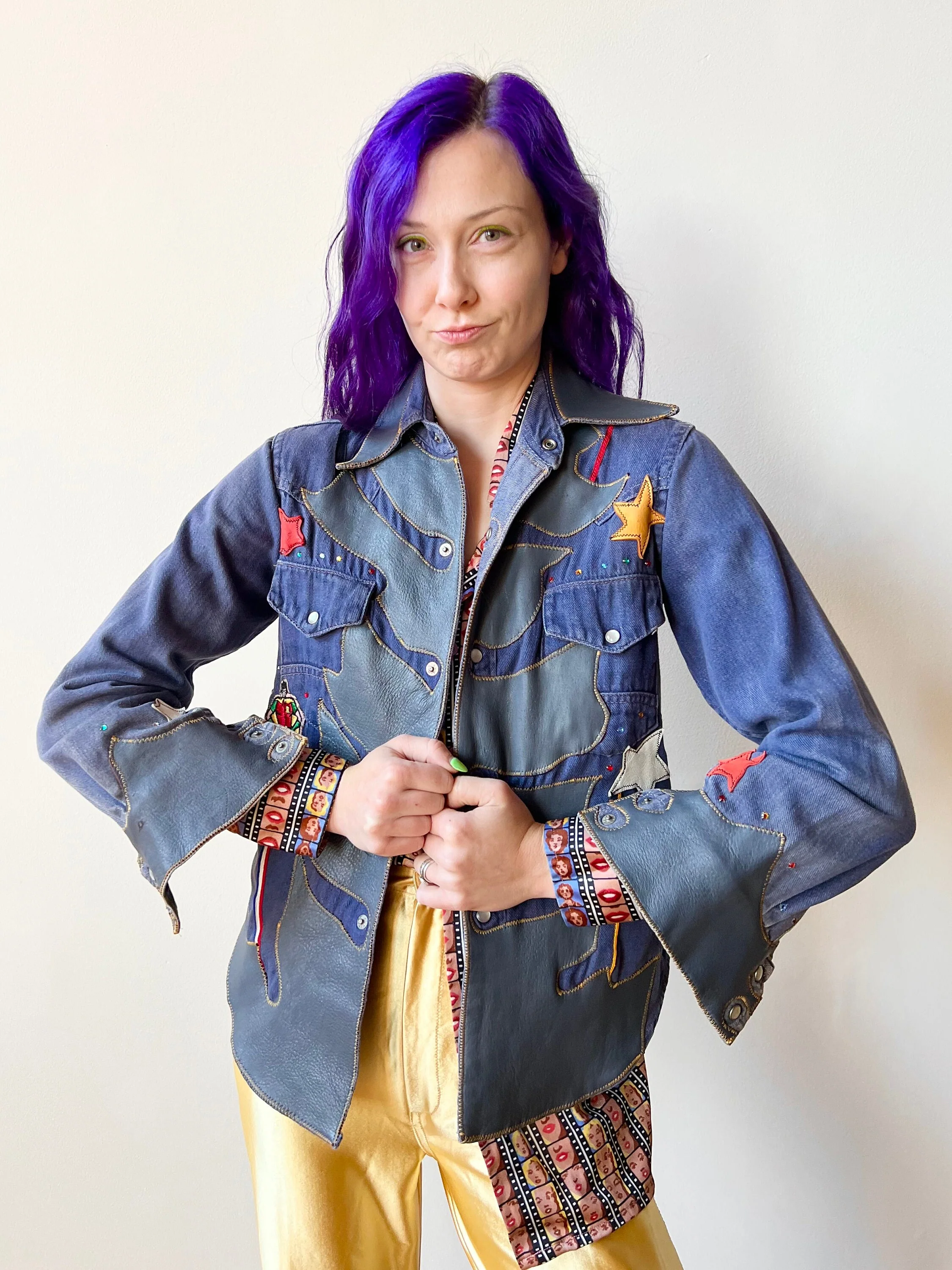 70s Denim Leather Patchwork Batman Robin Pearl Snap Shirt Jacket Rhinestone Handmade - Image 8