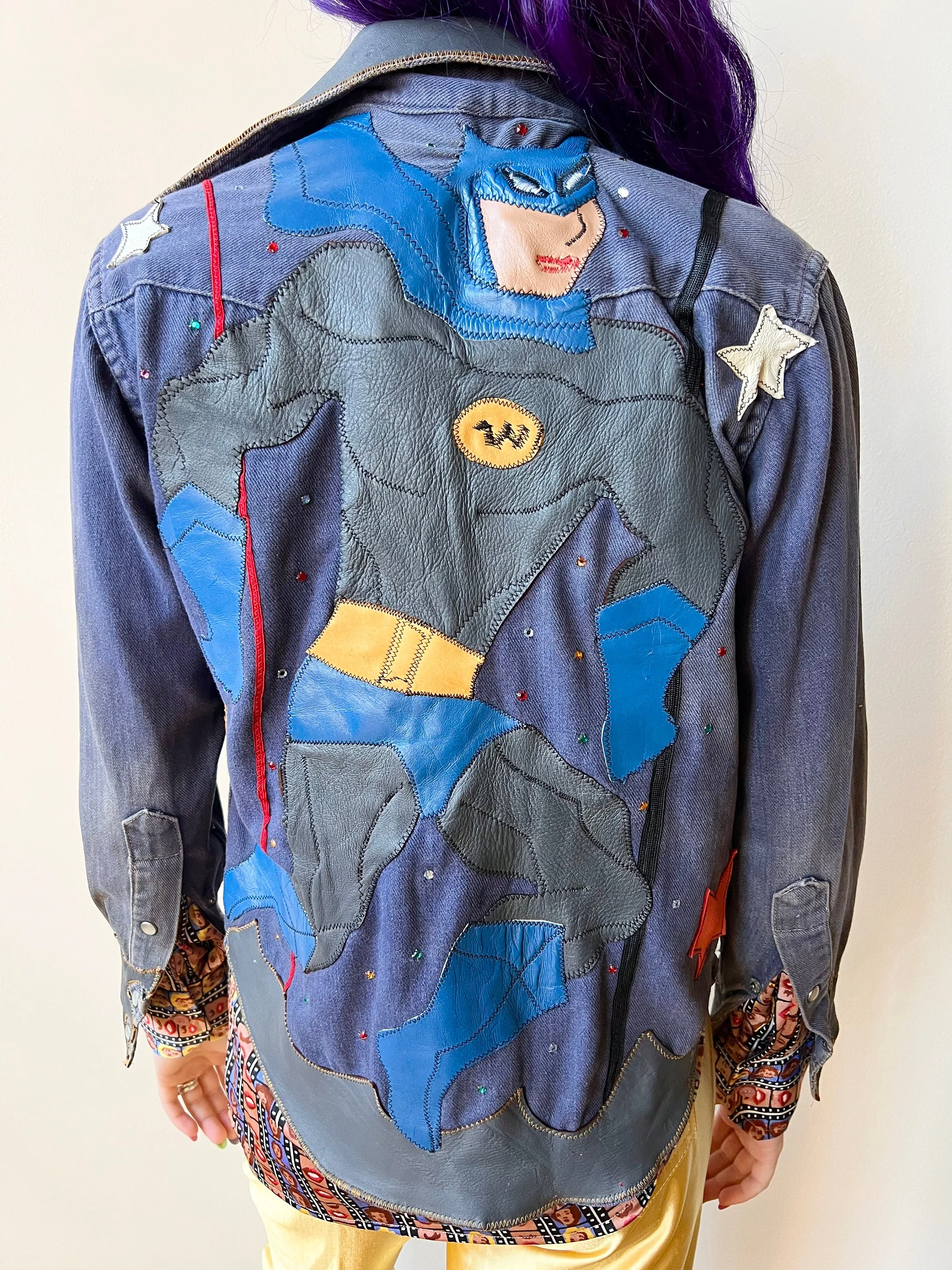 70s Denim Leather Patchwork Batman Robin Pearl Snap Shirt Jacket Rhinestone Handmade - Image 9