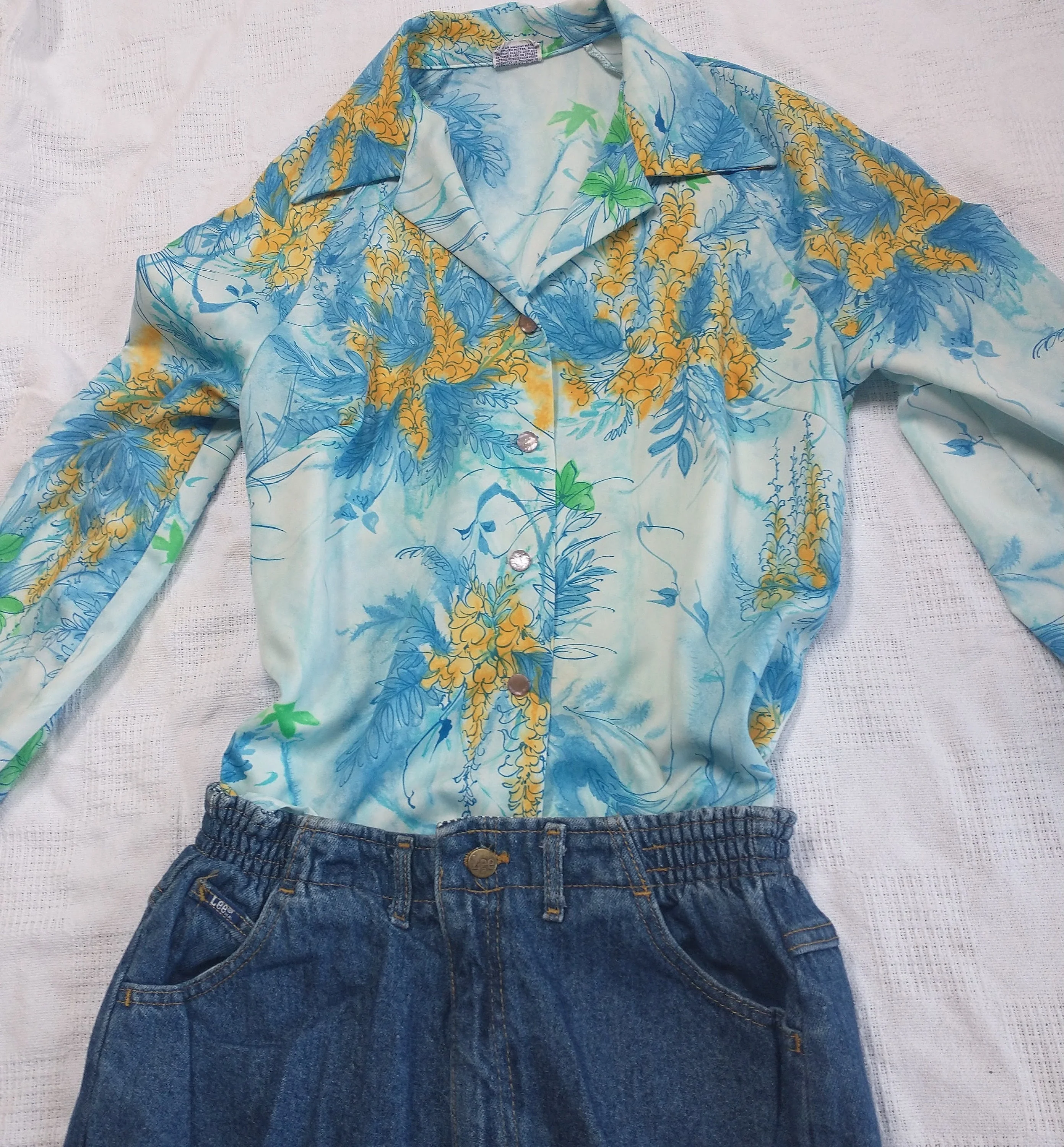70s Disco Blue and Yellow Floral Women's Medium Longsleeve Blouse Dagger Collar Polyester Mosaic Floral Print by Pykettes - Image 3
