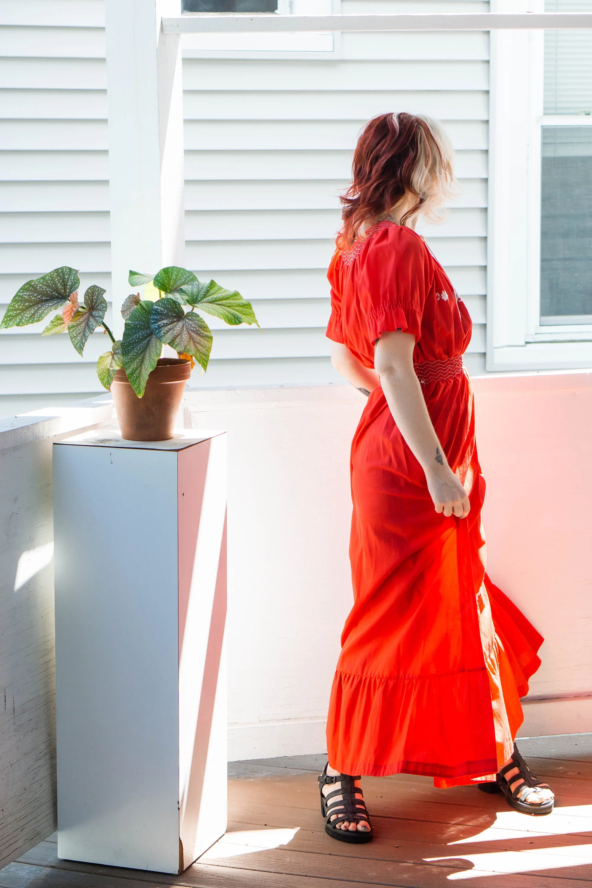 70s Does 30s Red Cotton Embroidered Maxi Dress - Image 3