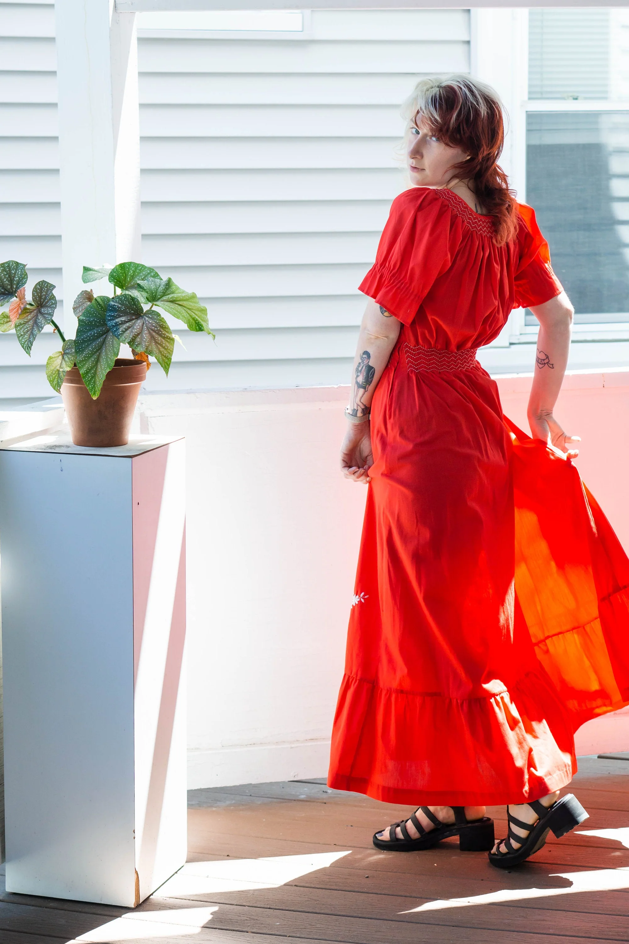70s Does 30s Red Cotton Embroidered Maxi Dress - Image 4