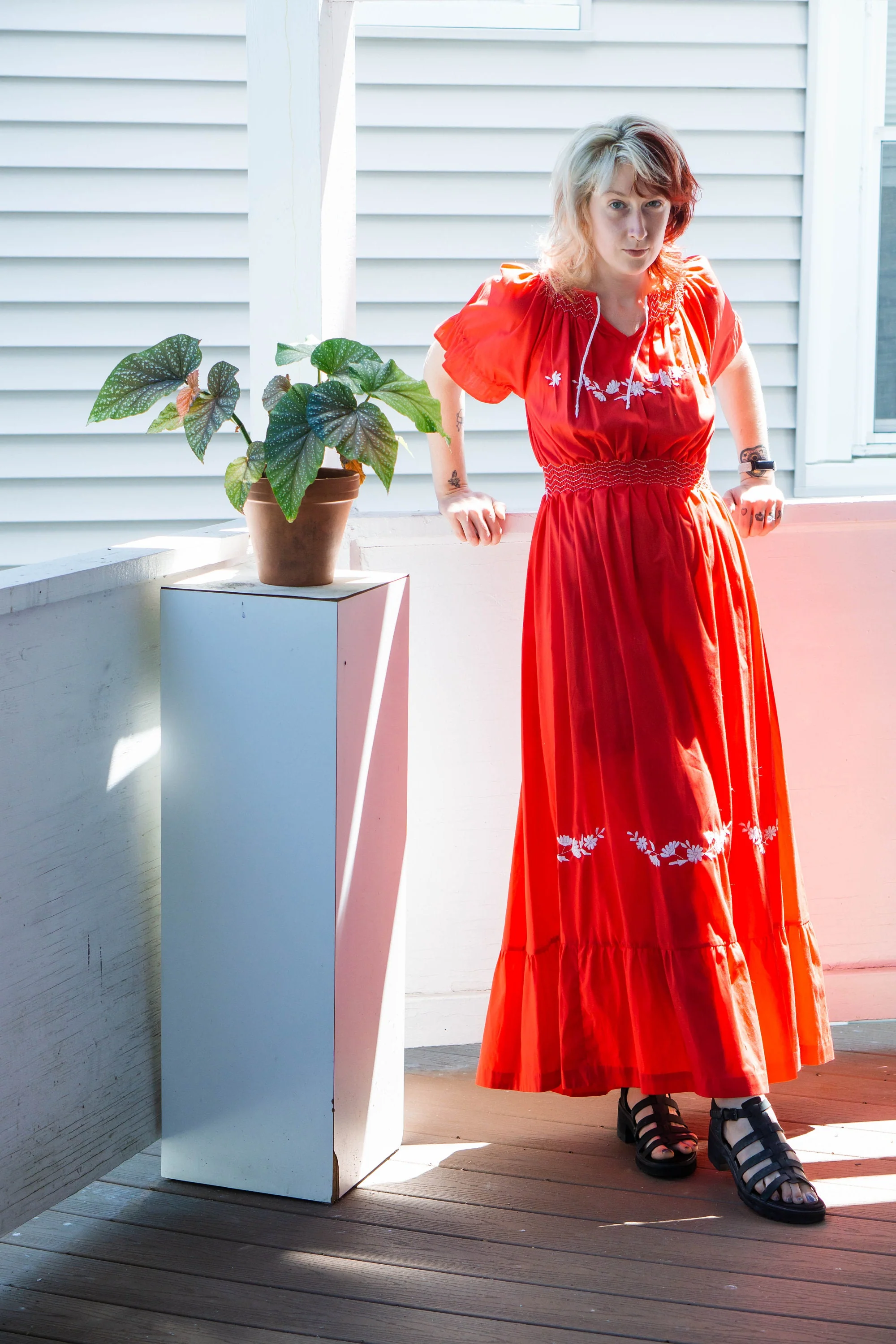 70s Does 30s Red Cotton Embroidered Maxi Dress - Image 5