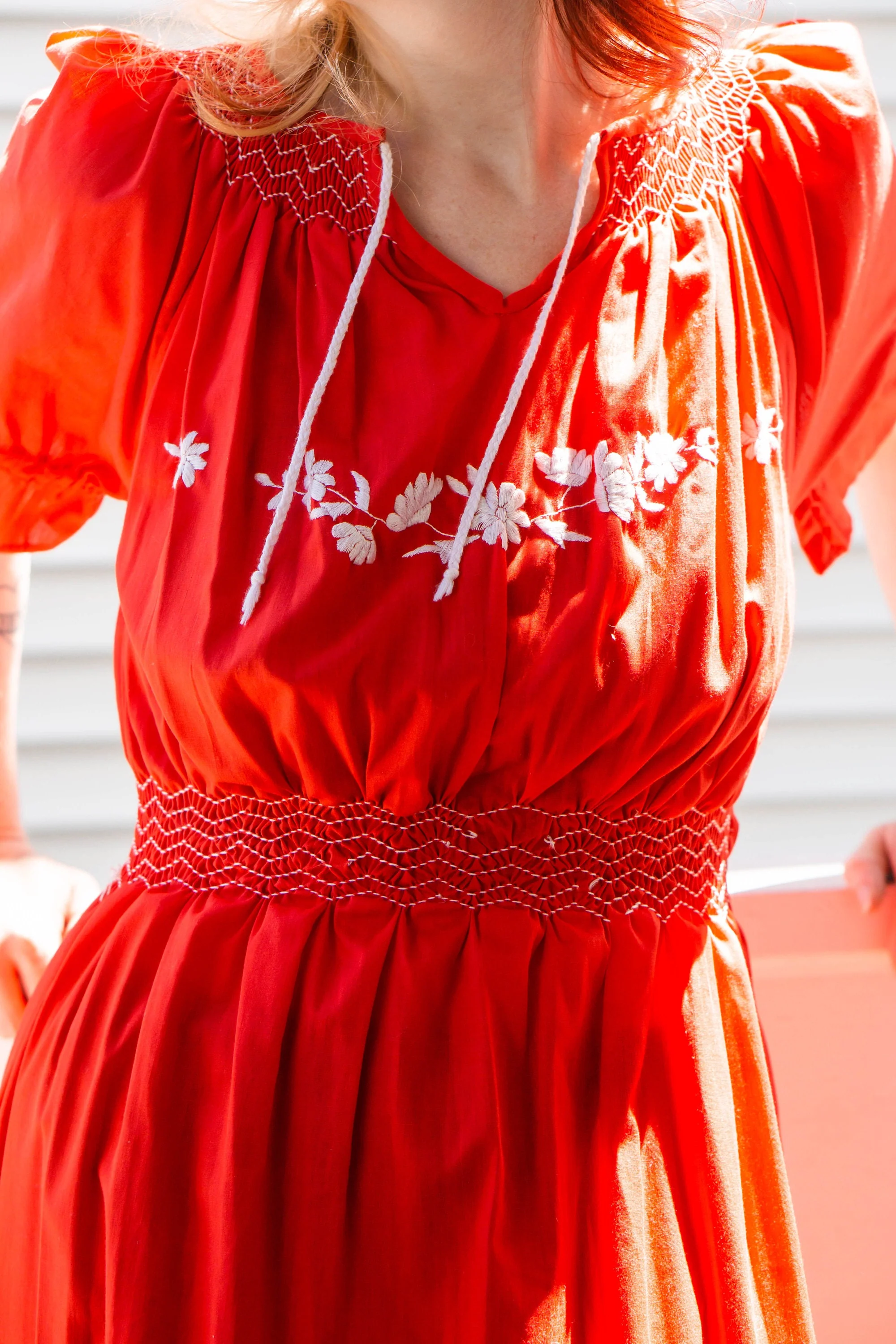 70s Does 30s Red Cotton Embroidered Maxi Dress - Image 6
