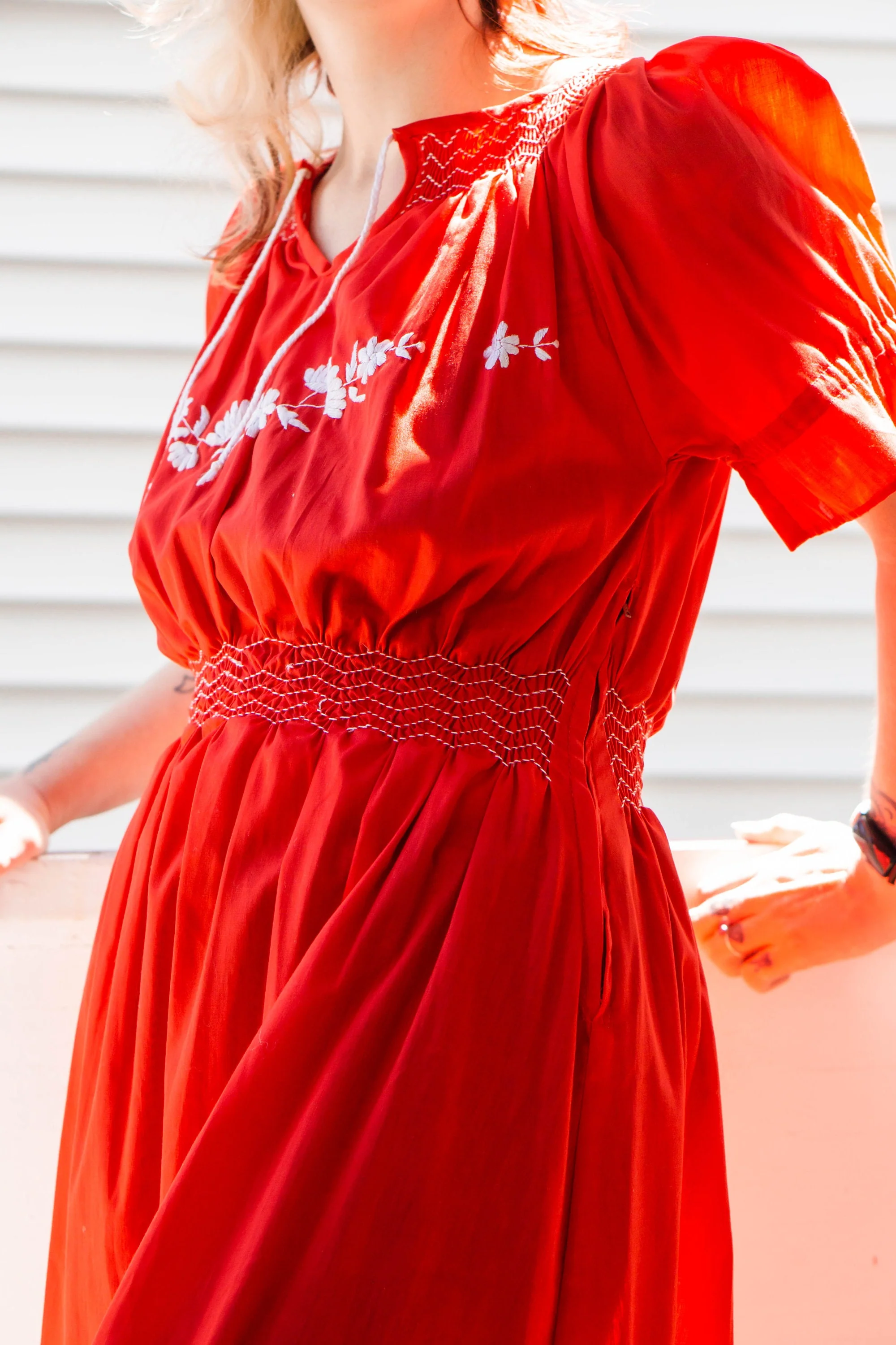 70s Does 30s Red Cotton Embroidered Maxi Dress - Image 7