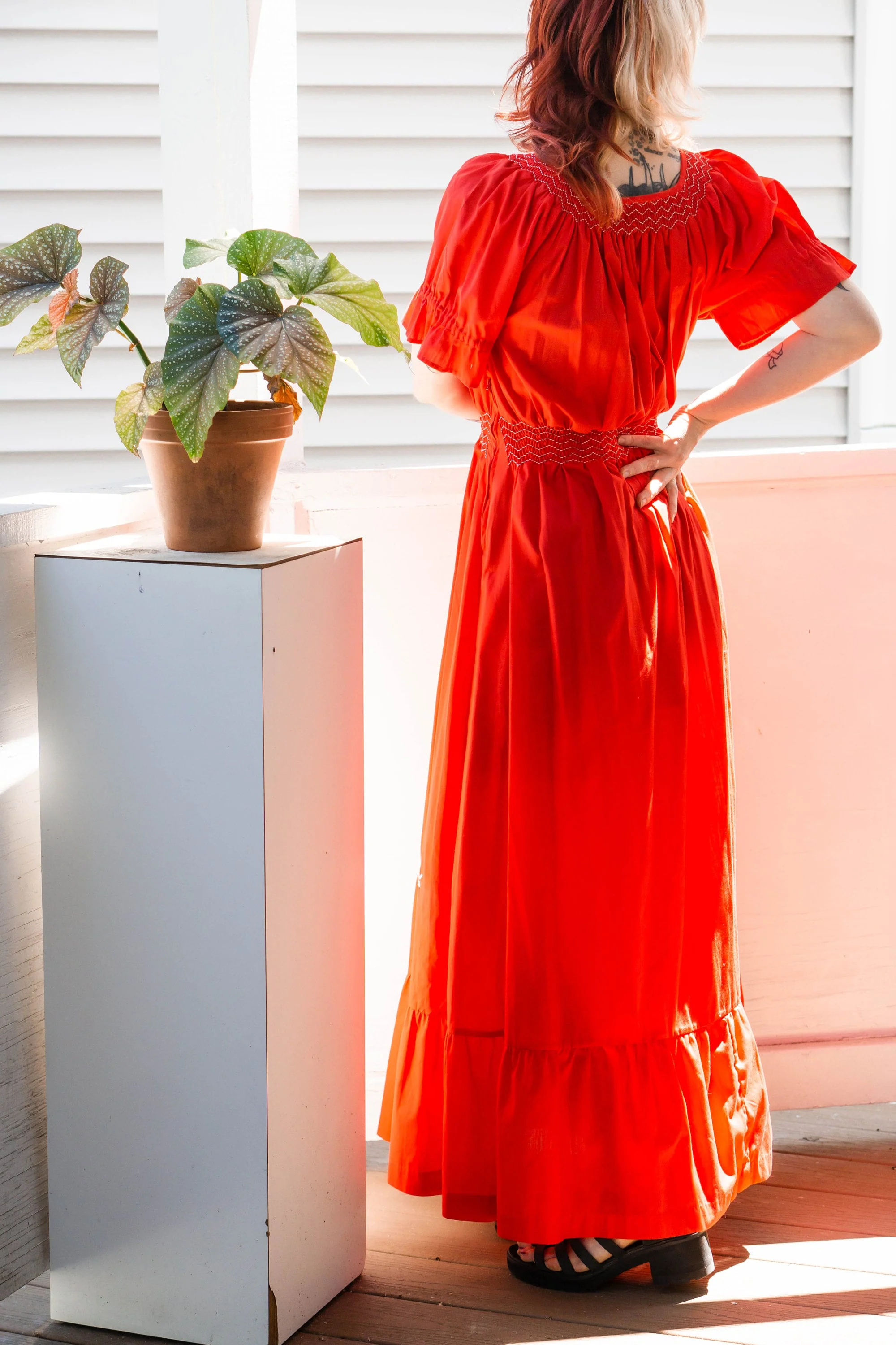 70s Does 30s Red Cotton Embroidered Maxi Dress - Image 9