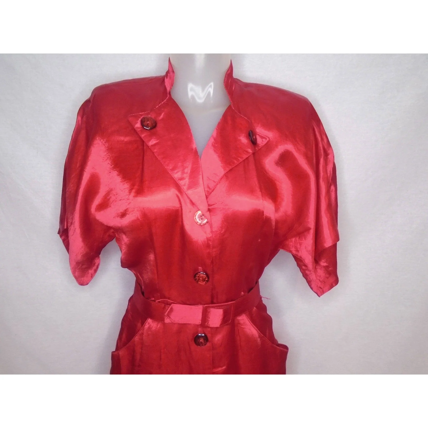 70s Does 40s Red Satin Tight Shirt Dress Military Look By David Benjamin - Image 5