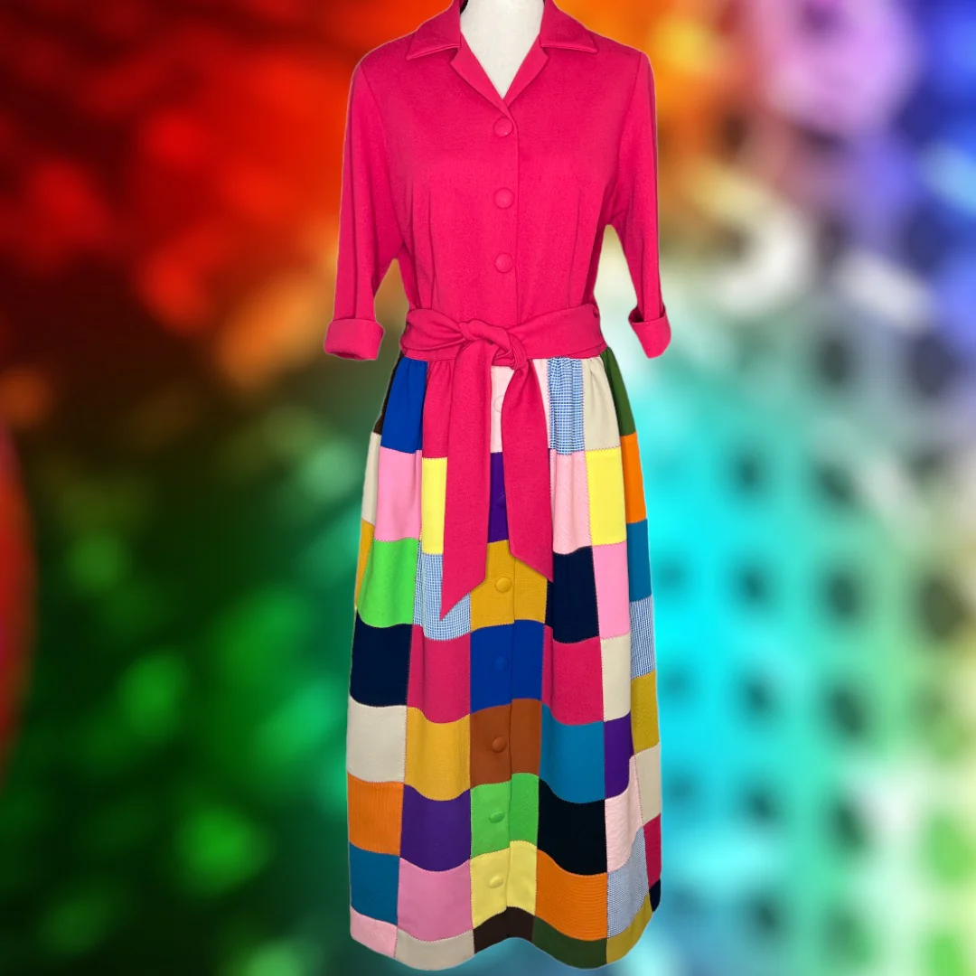 70s Double Knit Pink Multi Patchwork Maxi Dress - Image 3
