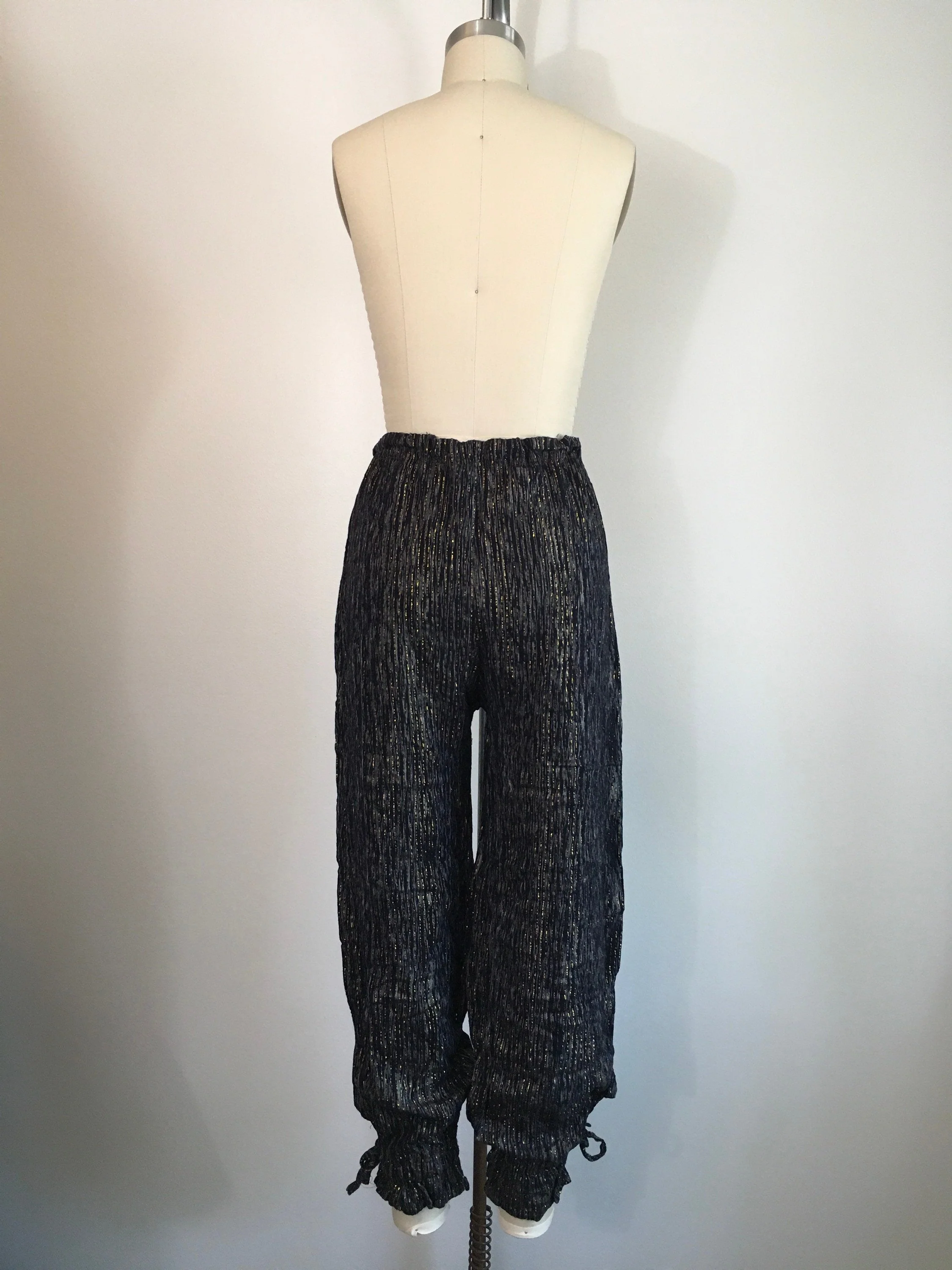 70's Drawstring Black And Gold Metallic Harem Pants - Image 2