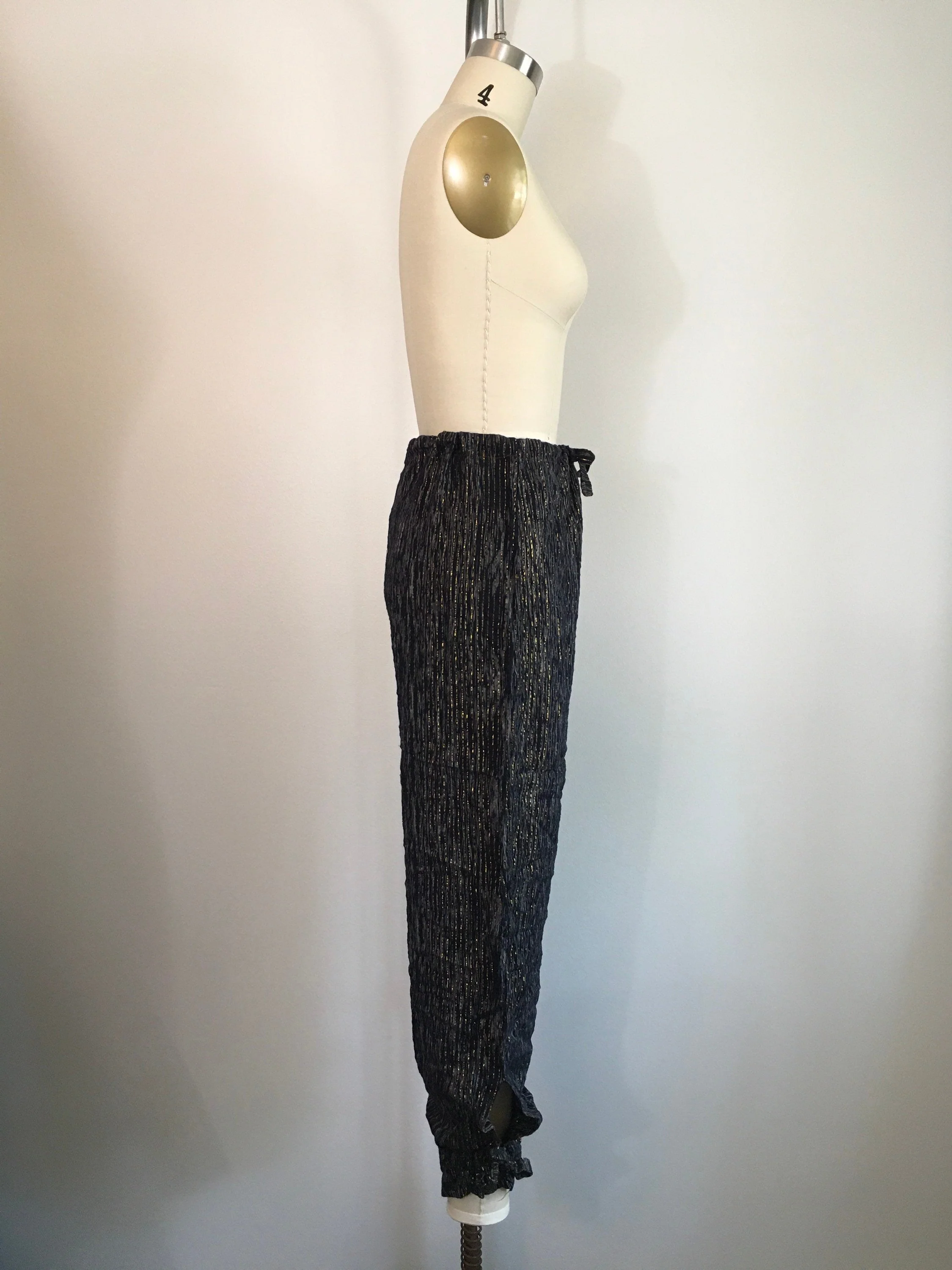 70's Drawstring Black And Gold Metallic Harem Pants - Image 3