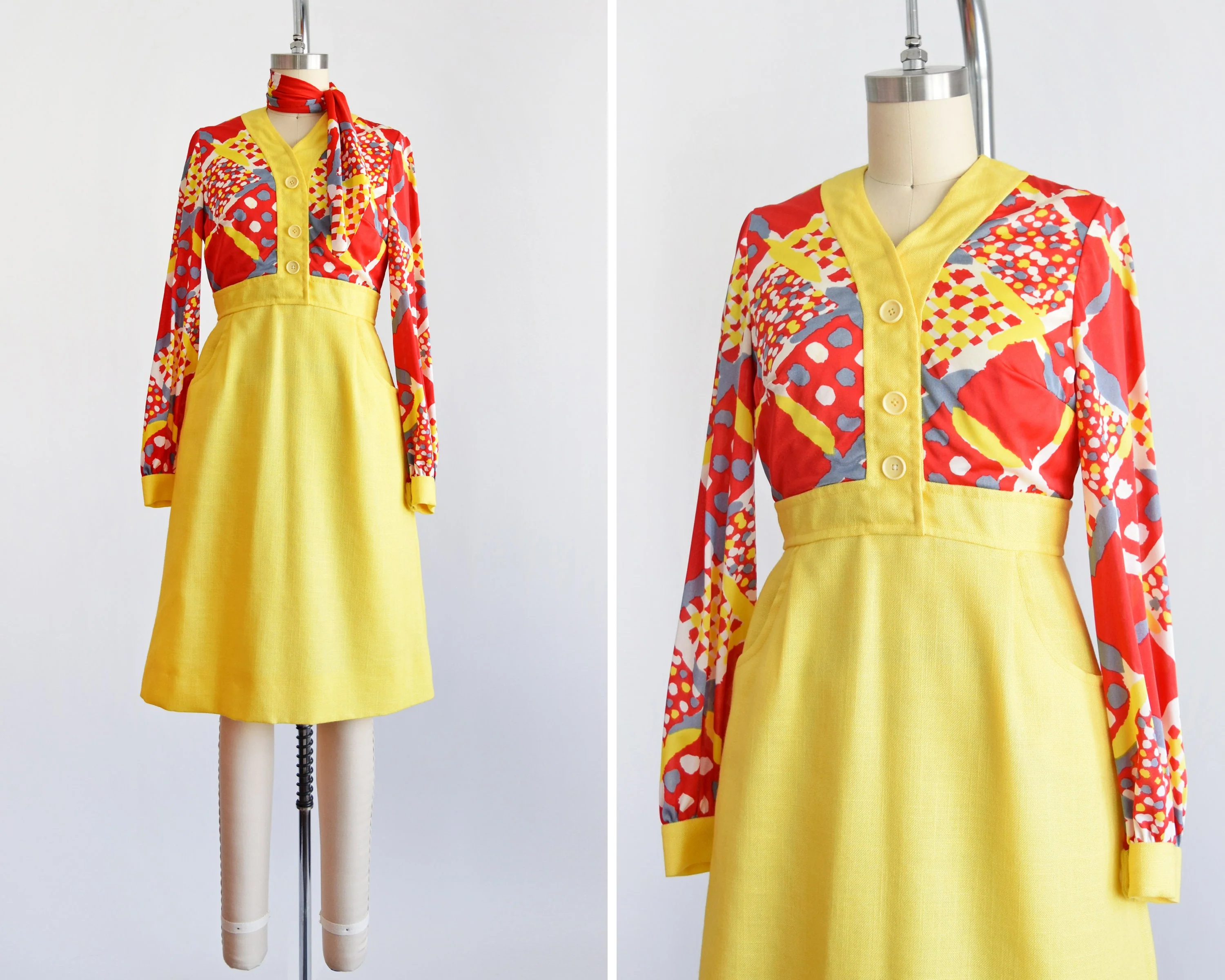 70s Dress Vintage 70s Dress Red and Yellow Linen Mod Dress with Matching Scarf, Xs by Shannon Rodgers for Jerry Silverman - Image 2