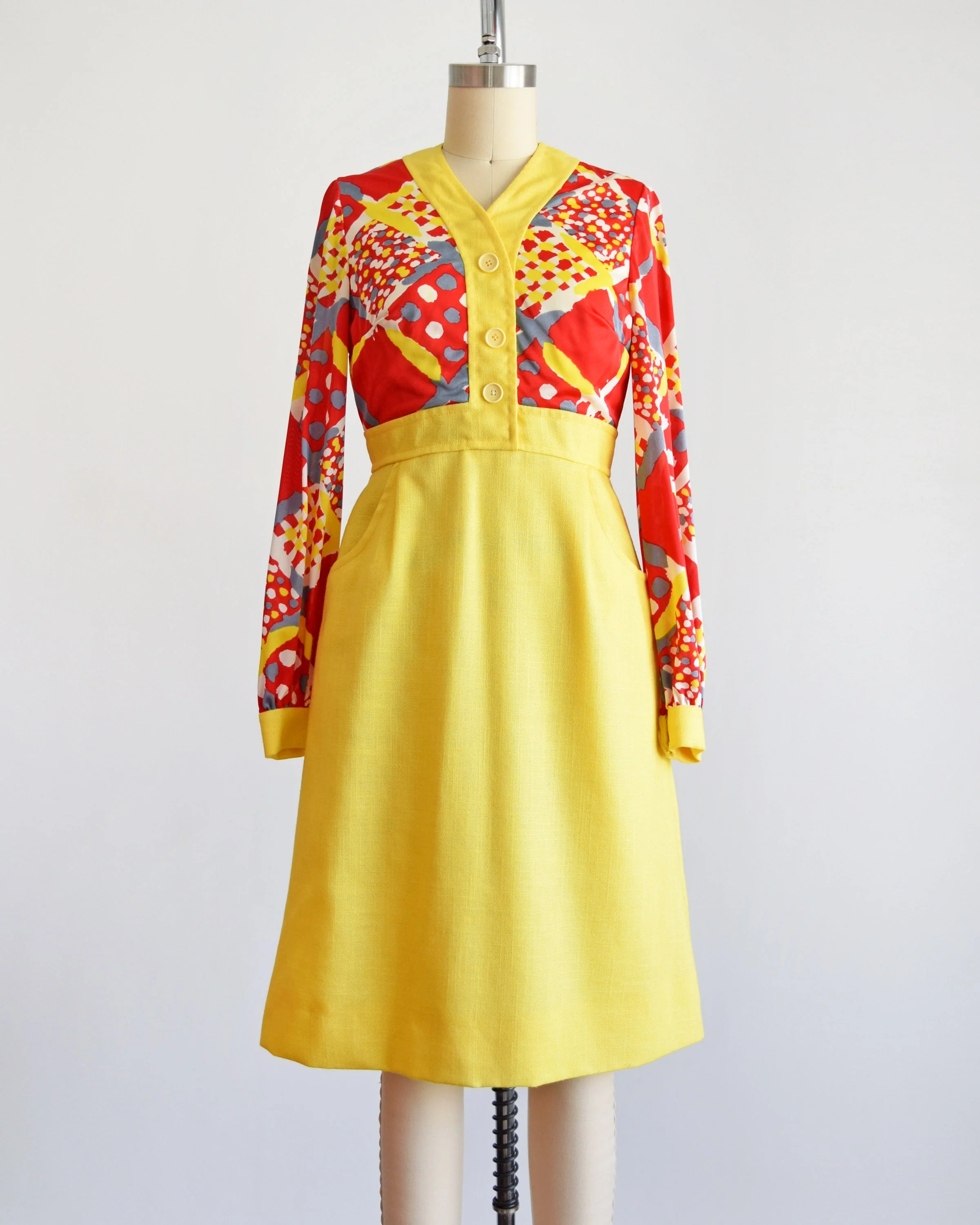 70s Dress Vintage 70s Dress Red and Yellow Linen Mod Dress with Matching Scarf, Xs by Shannon Rodgers for Jerry Silverman - Image 3