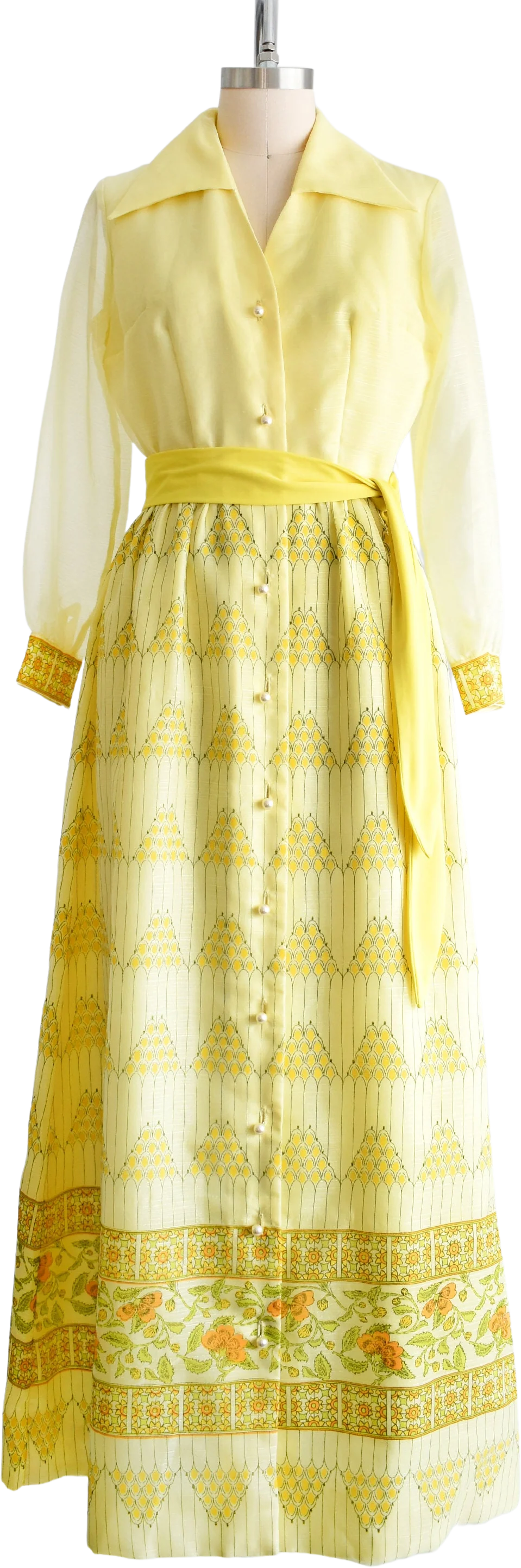70s Dress Vintage 70s Yellow Floral Maxi Dress Button Up Long Sleeve Shirt Dress Hostess Gown, Medium Large by Alfred Shaheen
