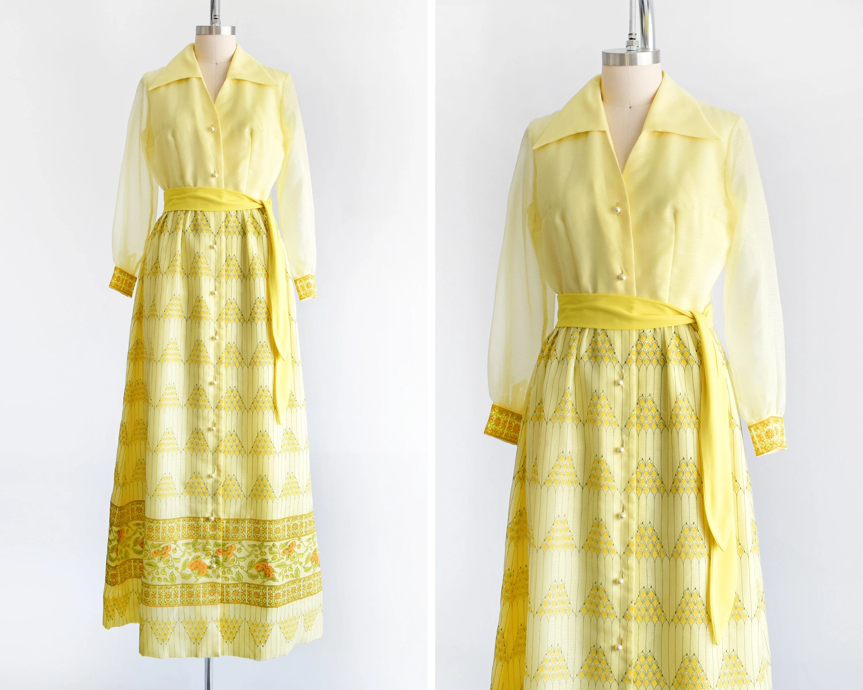 70s Dress Vintage 70s Yellow Floral Maxi Dress Button Up Long Sleeve Shirt Dress Hostess Gown, Medium Large by Alfred Shaheen - Image 2