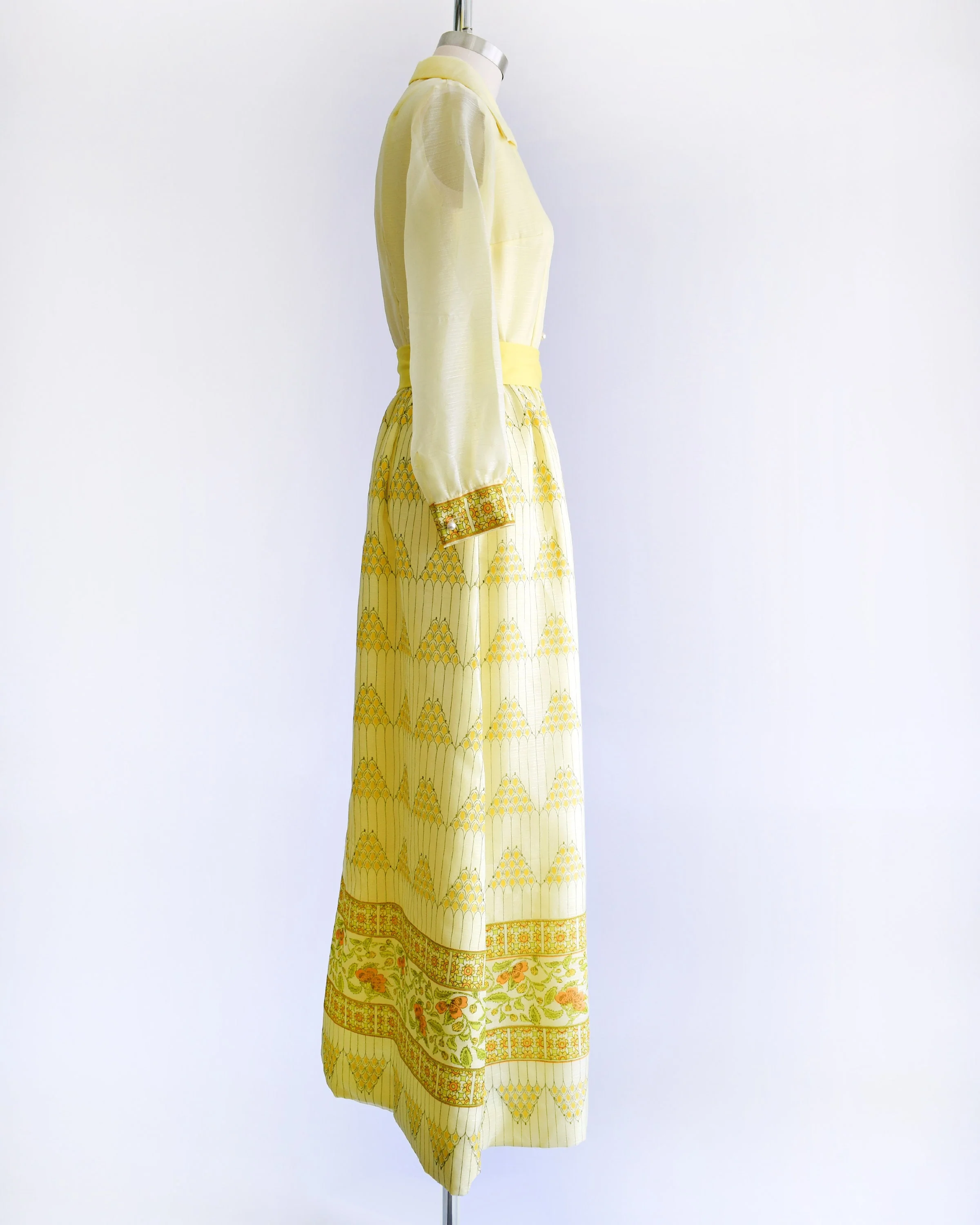 70s Dress Vintage 70s Yellow Floral Maxi Dress Button Up Long Sleeve Shirt Dress Hostess Gown, Medium Large by Alfred Shaheen - Image 3