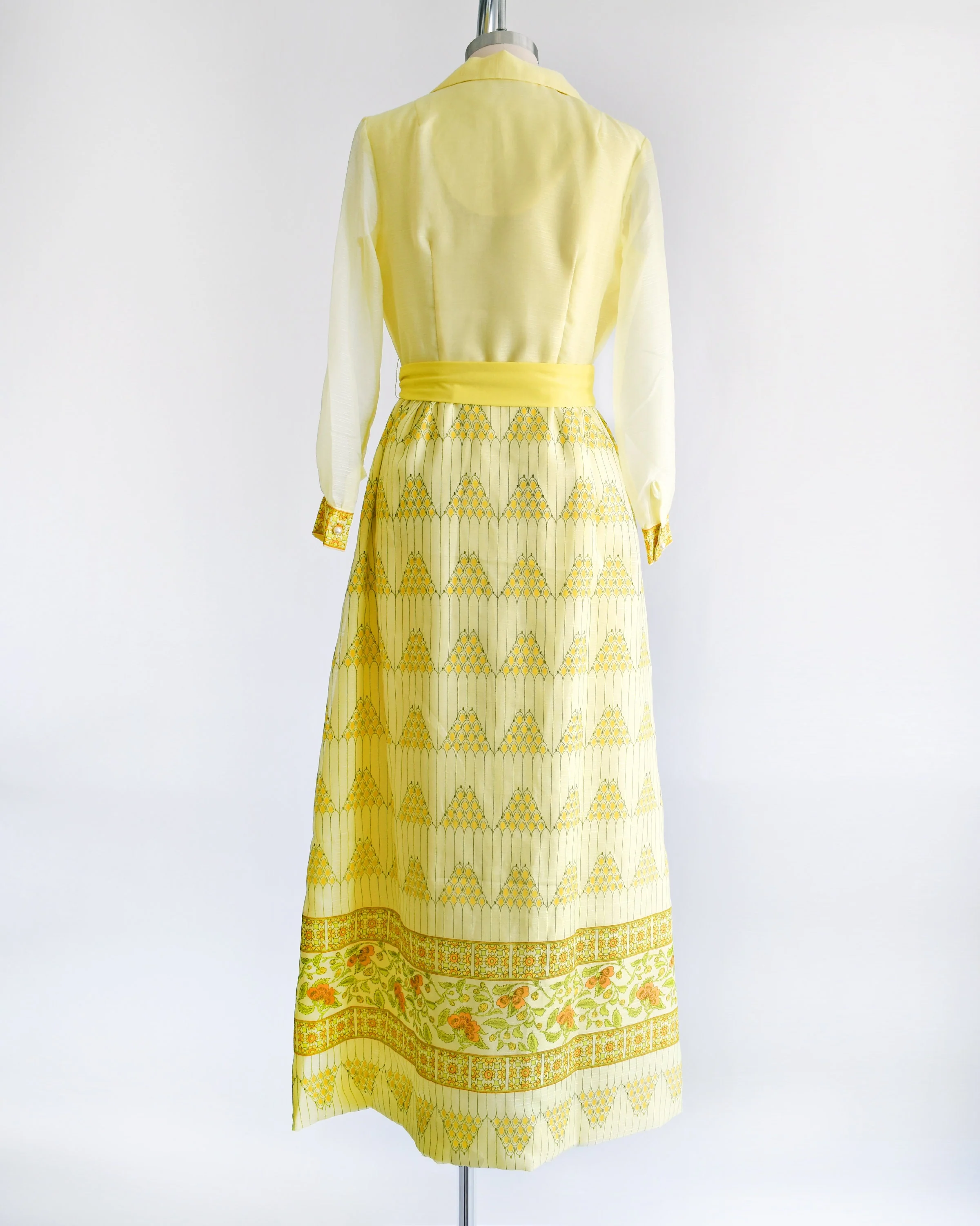 70s Dress Vintage 70s Yellow Floral Maxi Dress Button Up Long Sleeve Shirt Dress Hostess Gown, Medium Large by Alfred Shaheen - Image 4