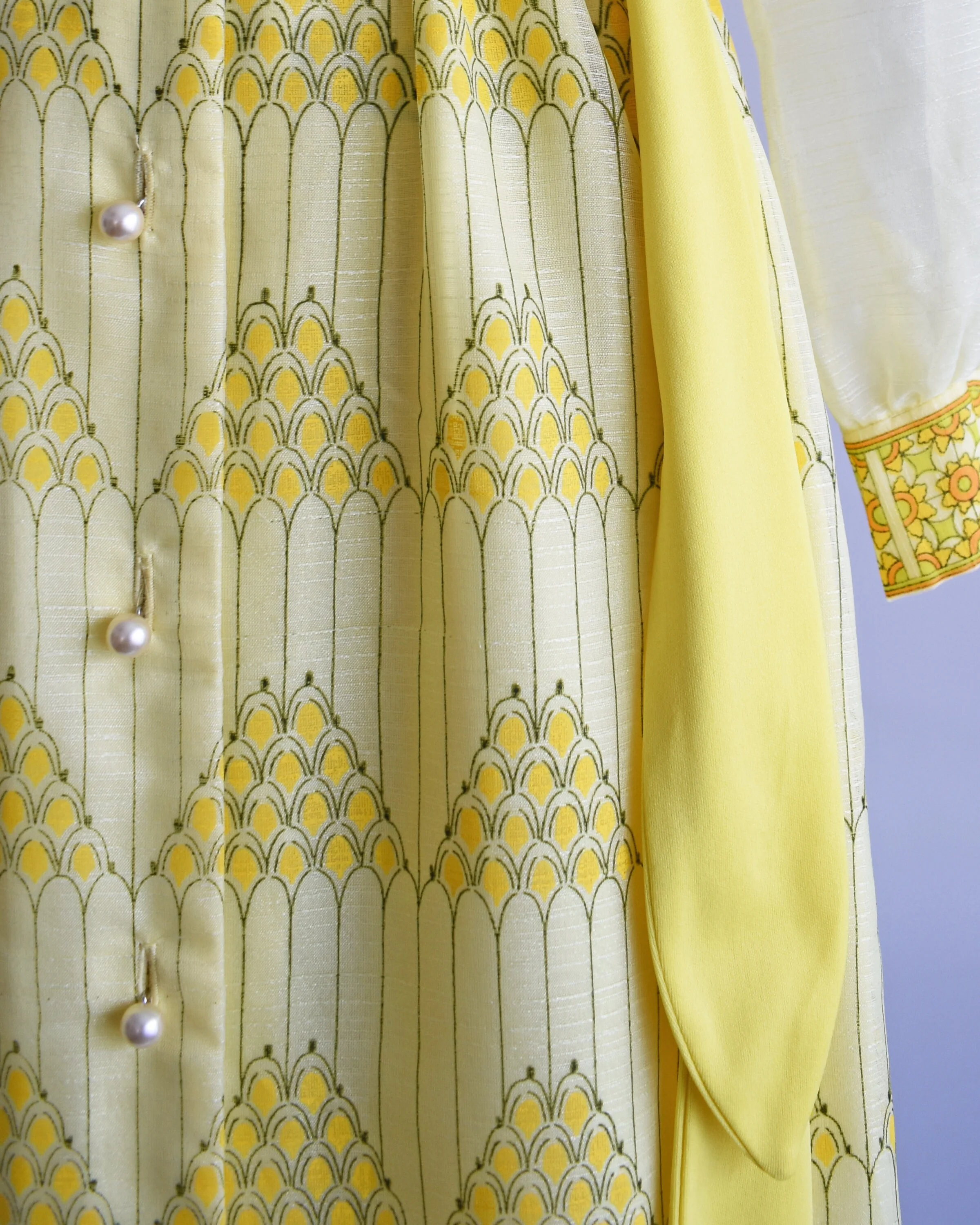 70s Dress Vintage 70s Yellow Floral Maxi Dress Button Up Long Sleeve Shirt Dress Hostess Gown, Medium Large by Alfred Shaheen - Image 6