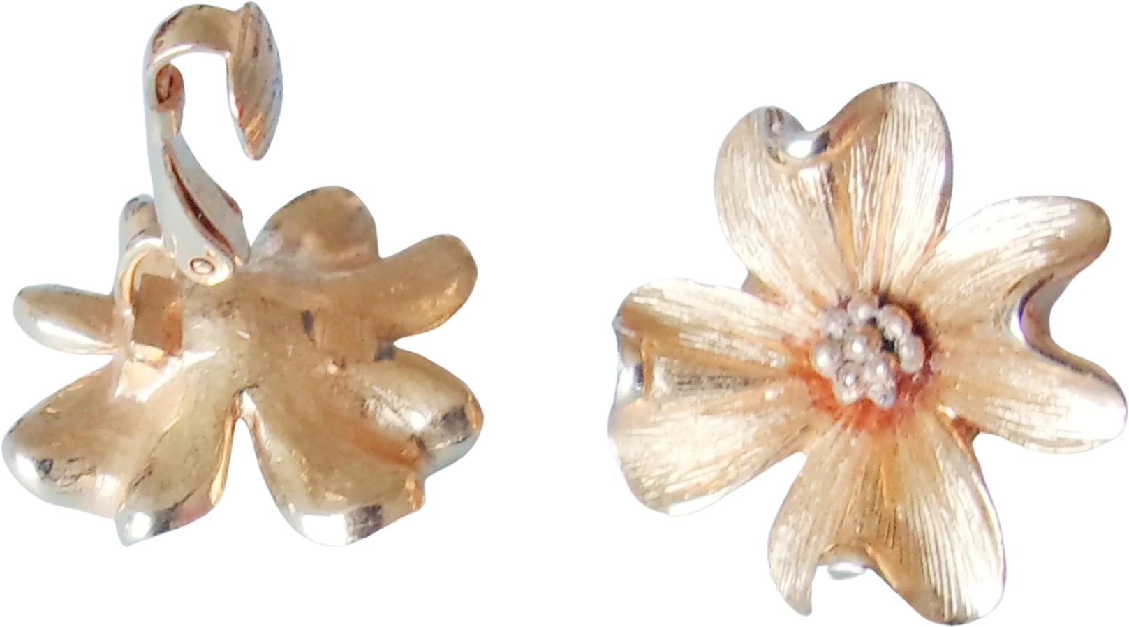 70s Earrings Brushed Goldtone Dogwood Flower Clip On By Craft - Image 2