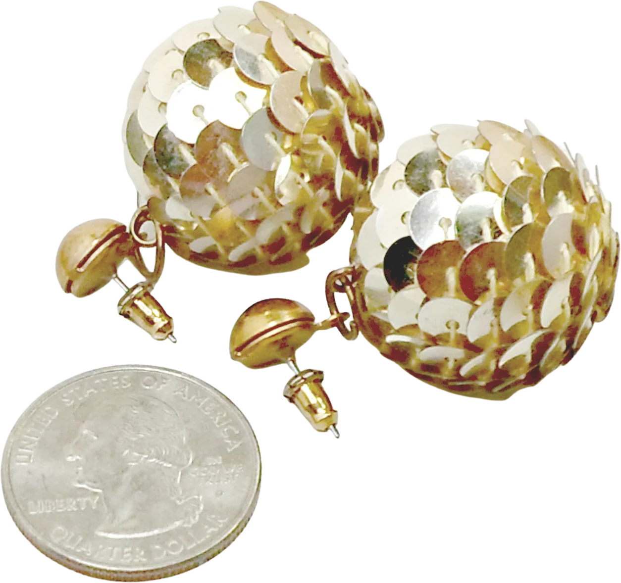 70s Earrings Disco Ball Pierced Goldtone Sequins - Image 2