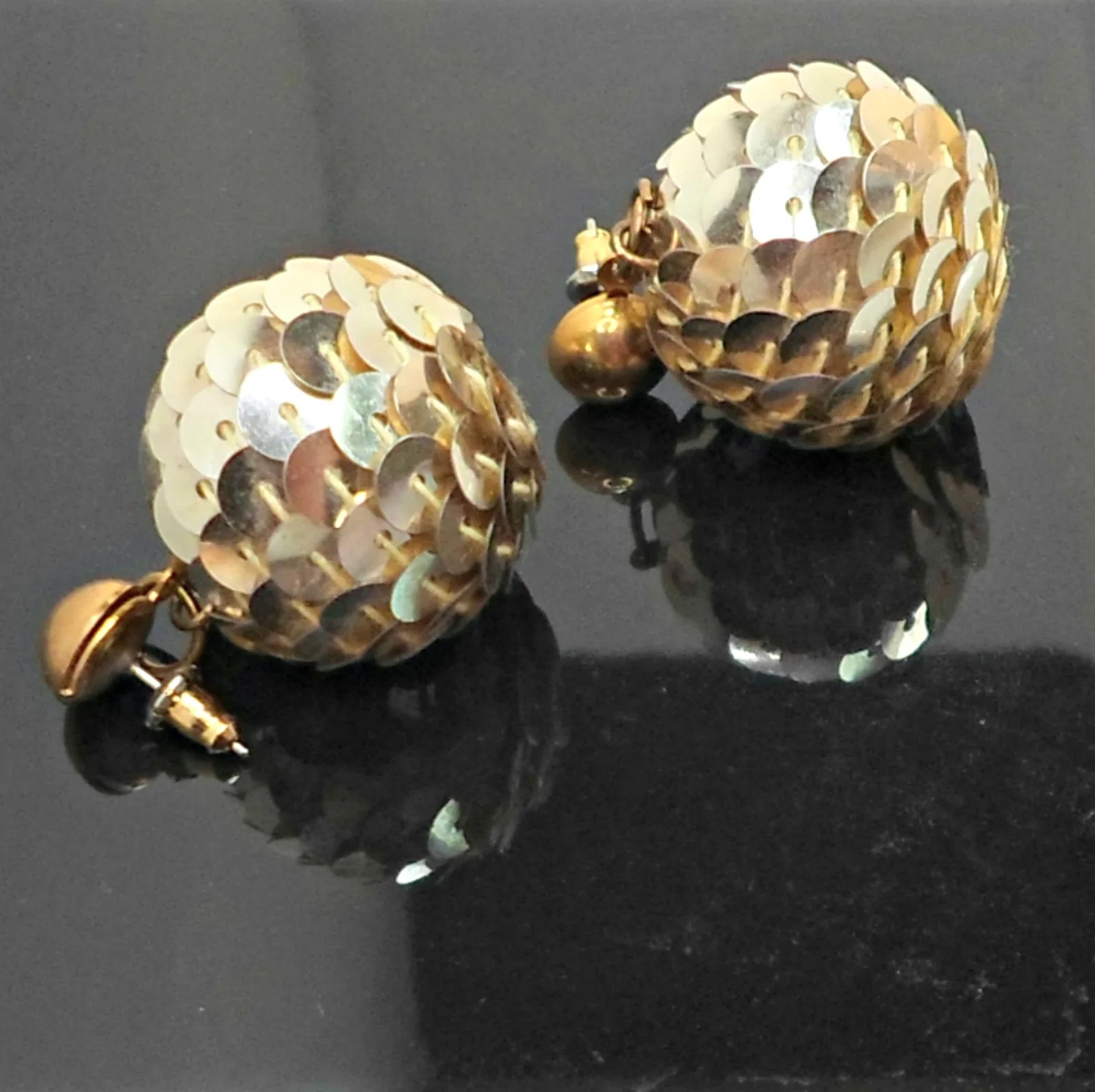70s Earrings Disco Ball Pierced Goldtone Sequins - Image 4