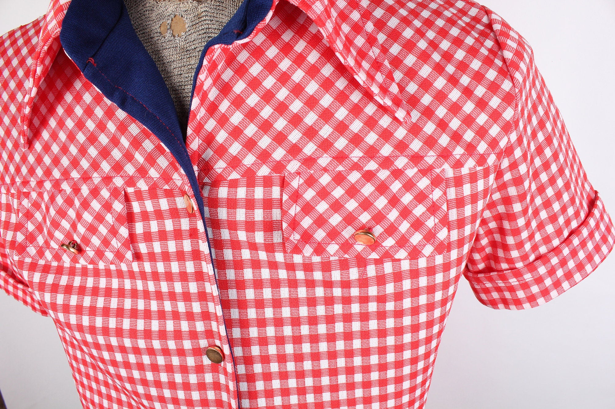 70s Era Red and White Checked Short Sleeve Polyester Length Blouse Navy Trim - Image 2