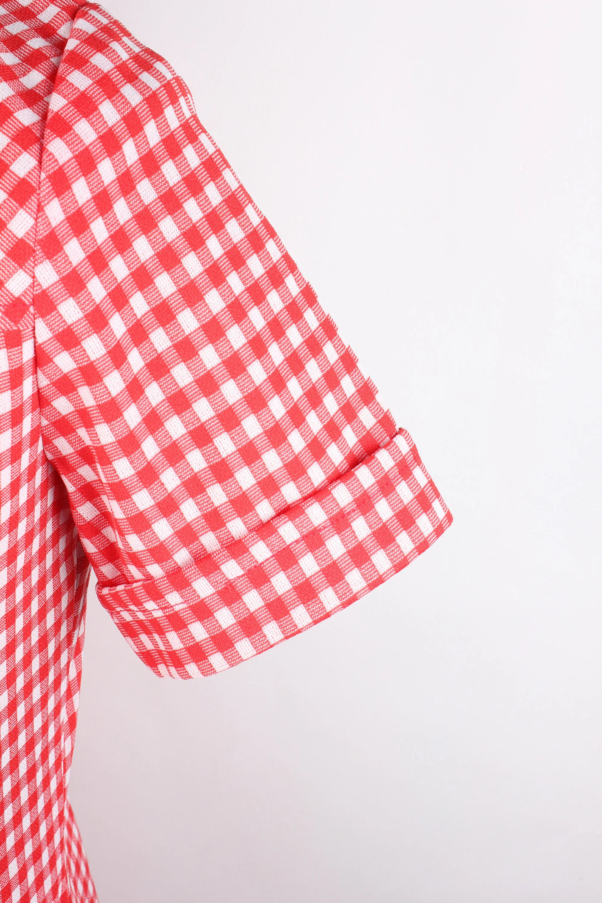 70s Era Red and White Checked Short Sleeve Polyester Length Blouse Navy Trim - Image 4
