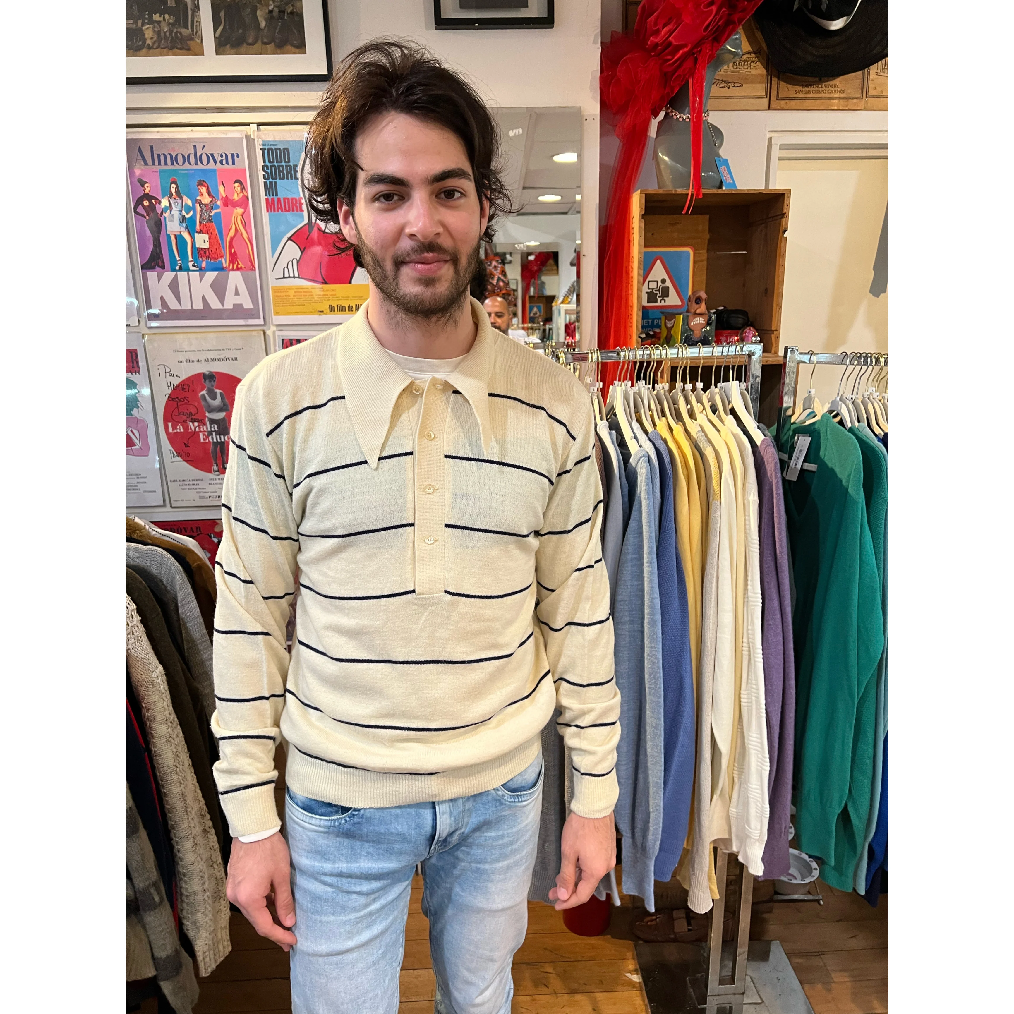 70s Men Exaggerated Collar Stripe Pull Sweater By Campus Kintuk - Image 3
