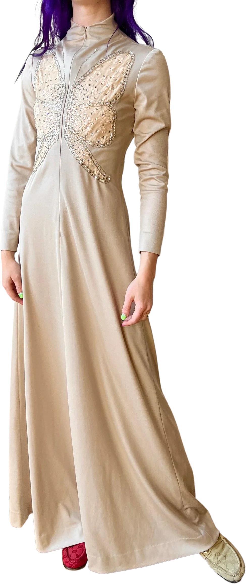 70s Felix Arbeo for Aventura Carrie Couture Tan Taupe Zip Up Butterfly Lace Beaded Sequin Gown Maxi Dress by Aventura Carrie Couture